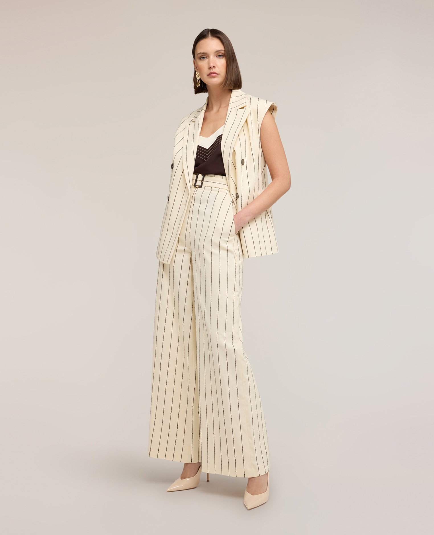 Pantalones de mujer palazzo de rayas diplomáticas the tailoring lab ajuste regular talle alto con cinturón en la cintura - Motivi - Beige Beige-3