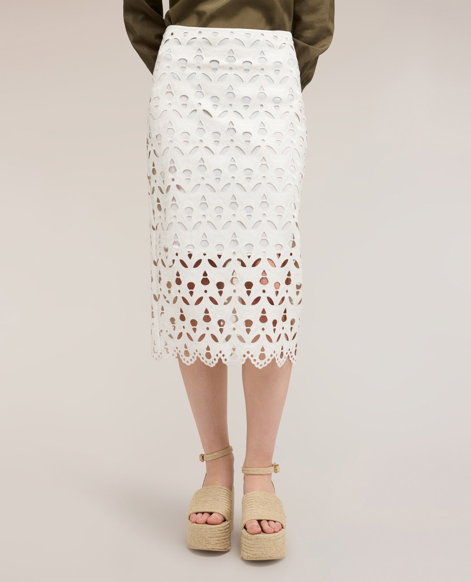 Falda tubo en tejido coated efecto sangallo largo midi cintura alta - Motivi - Blanco Blanco-3