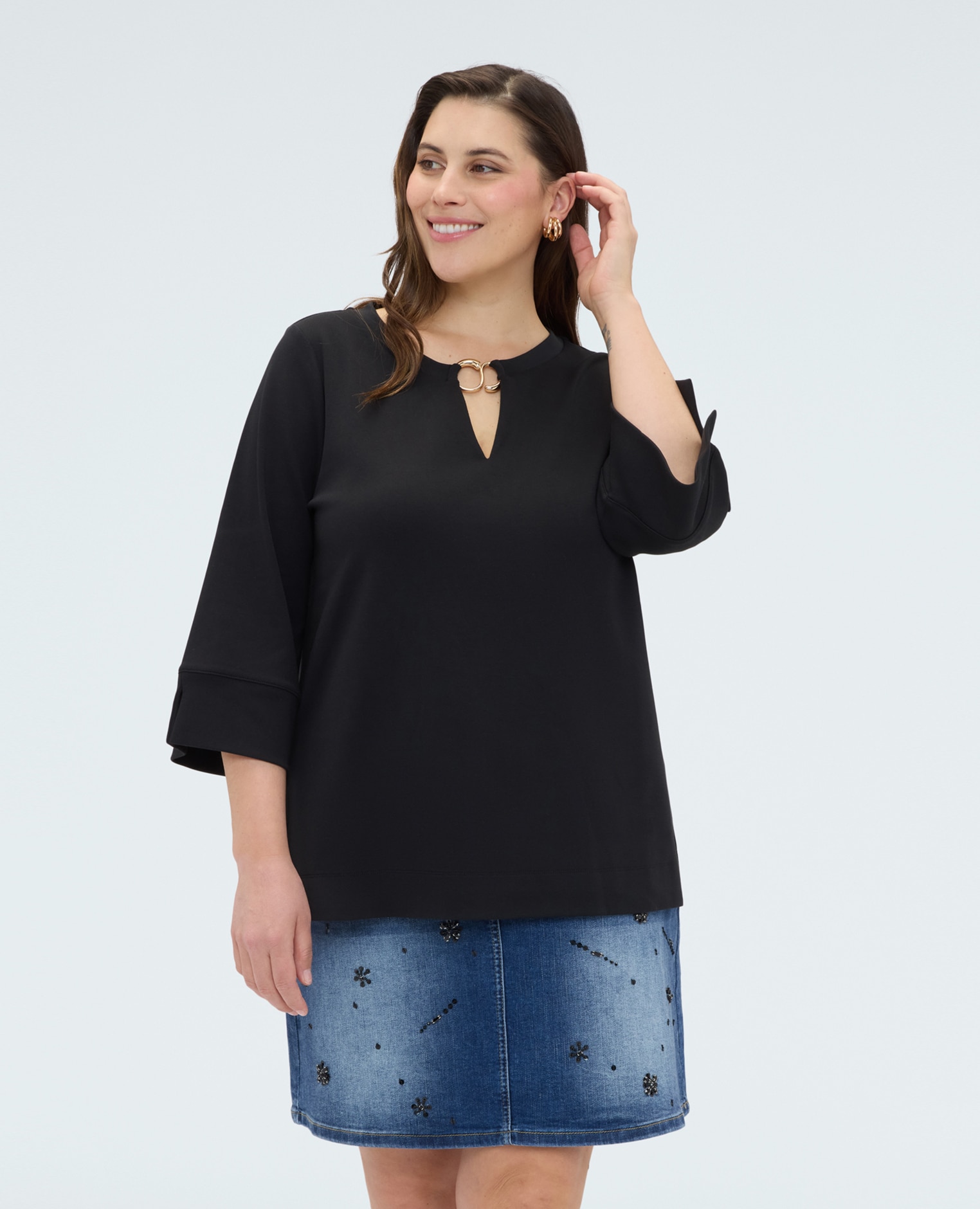 Fiorella Rubino - Sudadera de mujer de jersey con detalle en el escote mangas de tres cuartos con bajo amplio.
