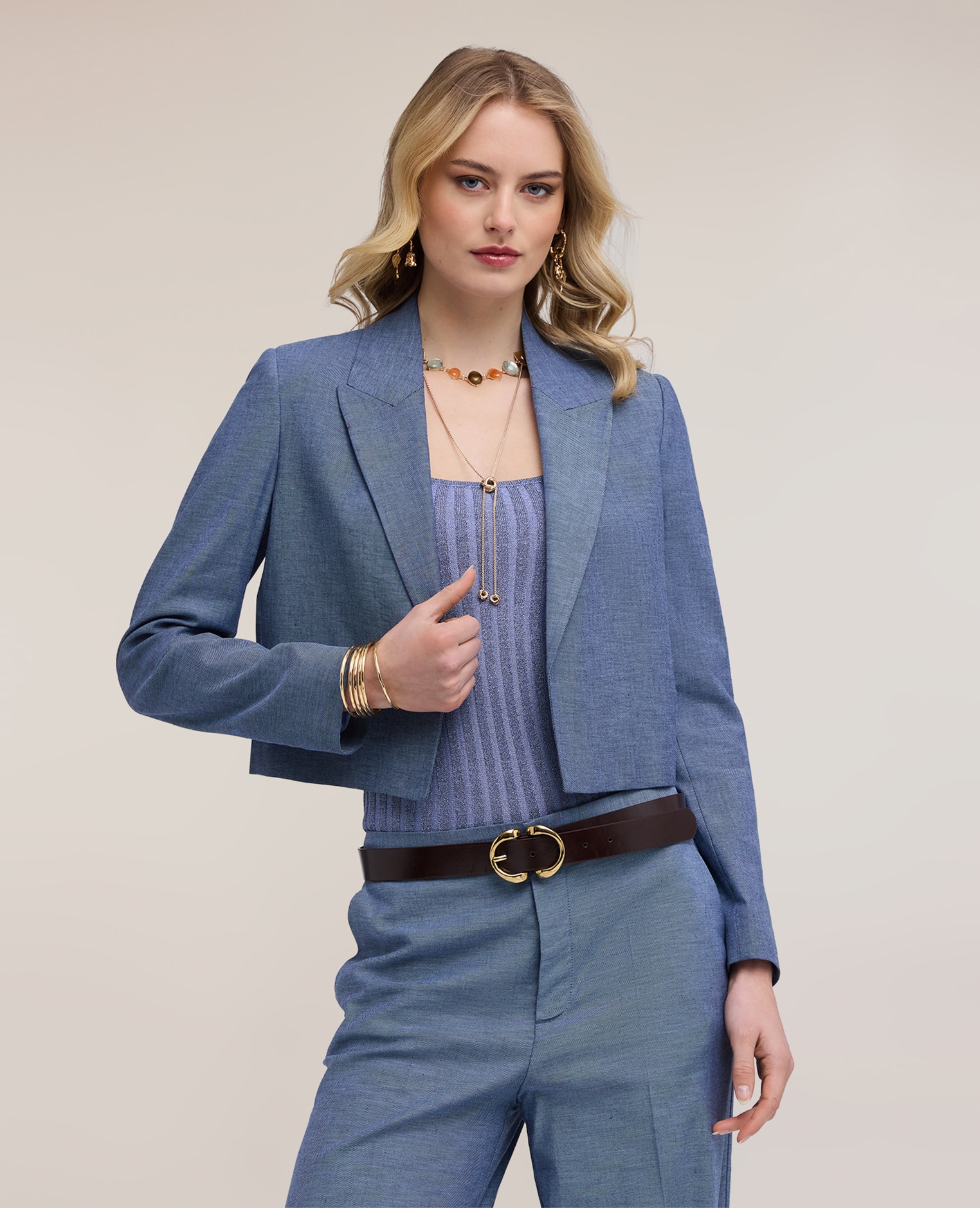 Chaqueta de mujer corta mezcla de lino cuello con solapas frontales - Motivi - Azul claro Azul claro-1