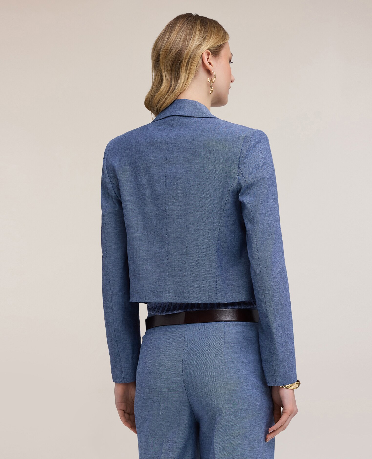 Chaqueta de mujer corta mezcla de lino cuello con solapas frontales - Motivi - Azul claro Azul claro-2