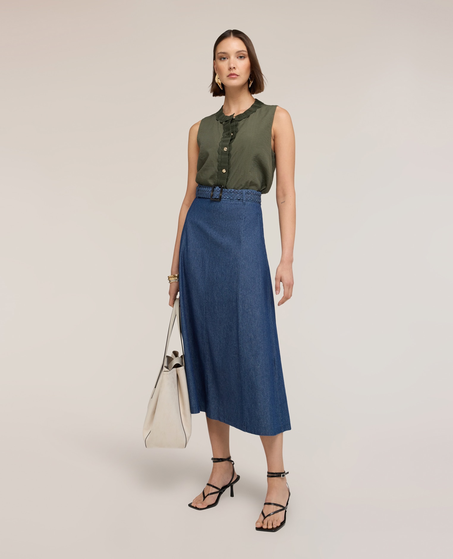 Falda de paneles en chambray modelo de línea en a con cintura alta cierre con cremallera - Motivi - Azul Azul-3