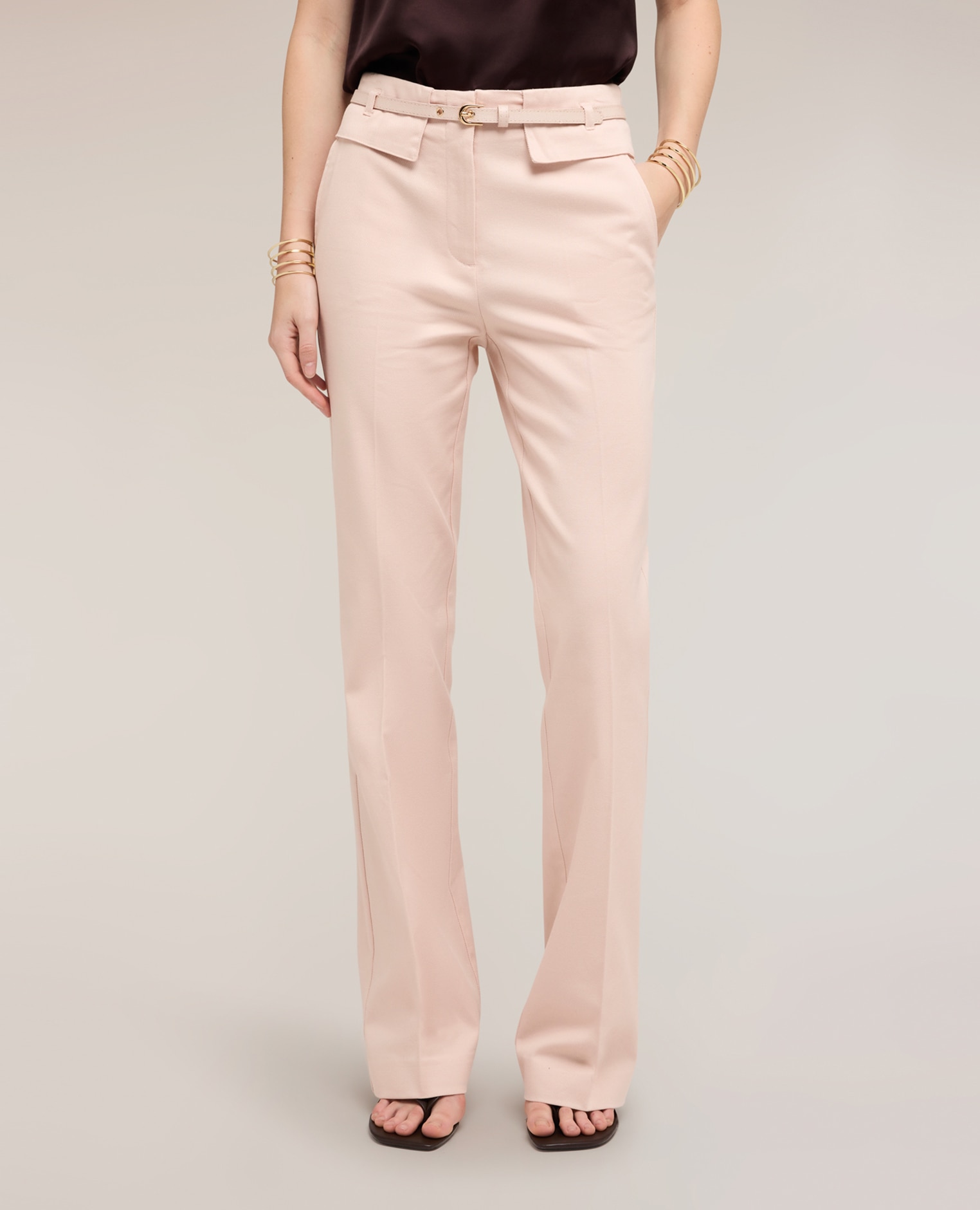 Pantalones de mujer flare de gabardina talle alto cierre frontal con cremallera - Motivi - Rosa Rosa-3