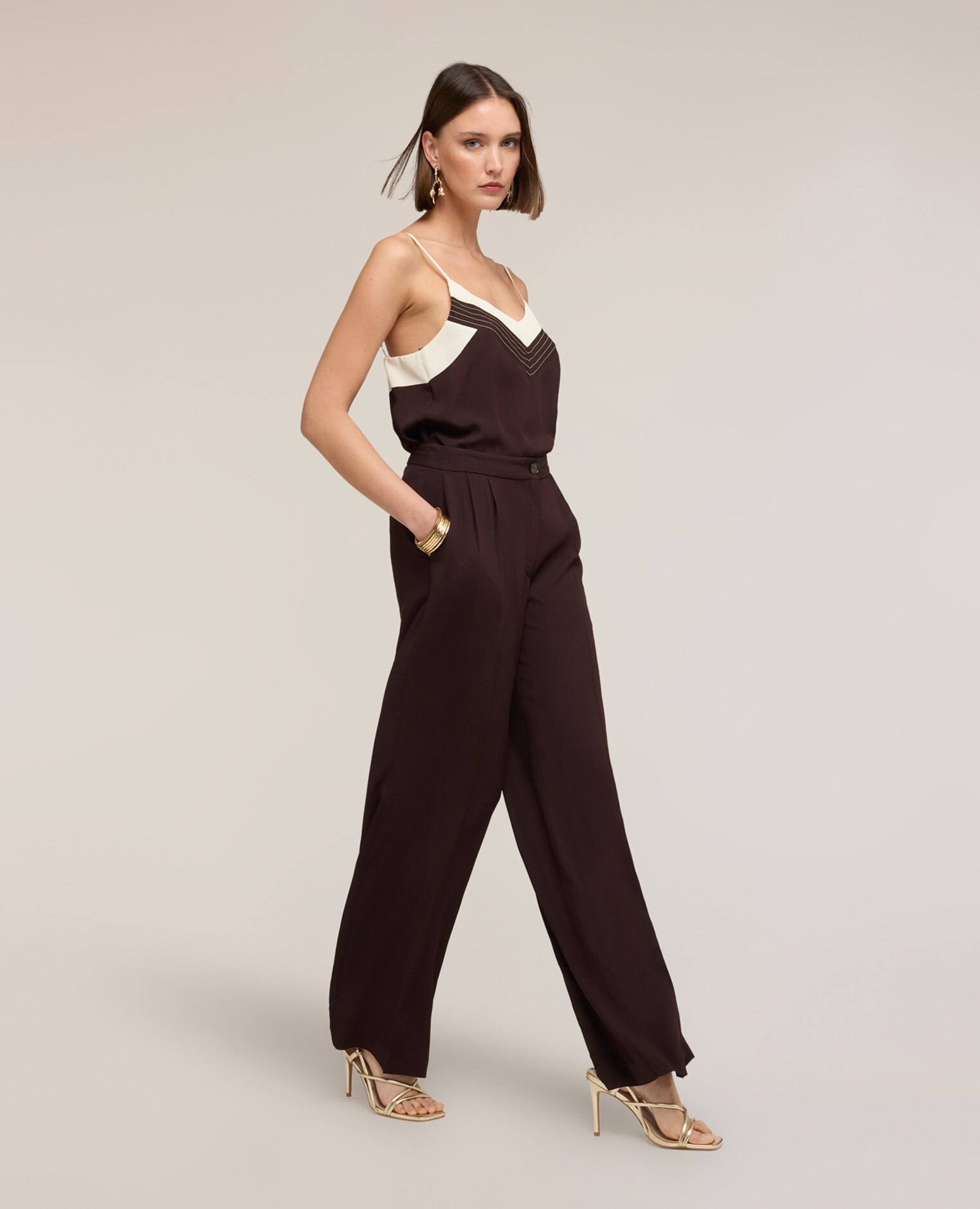Pantalones de mujer palazzo the tailoring lab cierre frontal con botón y cremallera - Motivi - Marrón Marrón-3
