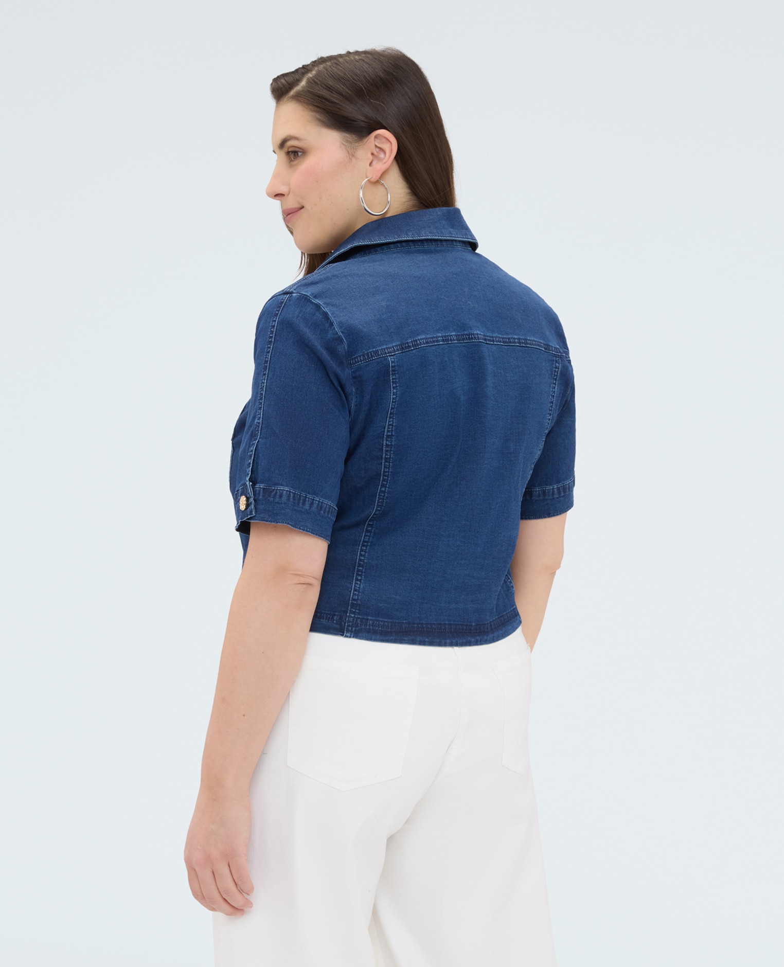 Chaqueta de mujer de manga corta en denim cuello clásico y cierre frontal con botones - Fiorella Rubino - Azul Azul-2