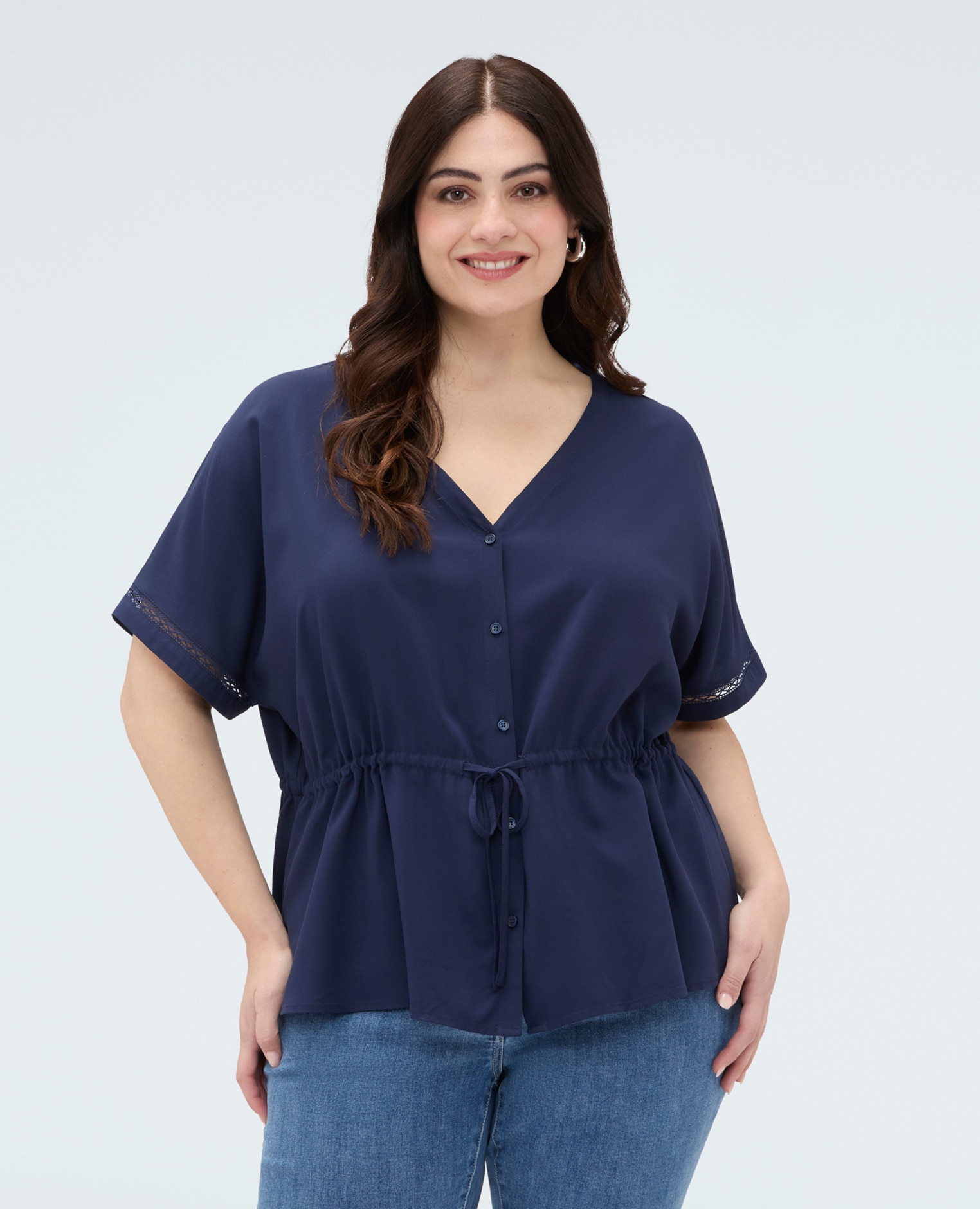 Blusa de mujer de viscosa con cordón ajustable en la cintura cierre con botones delante cintura con cordón ajustable - Fiorella Rubino - Azul Azul-1