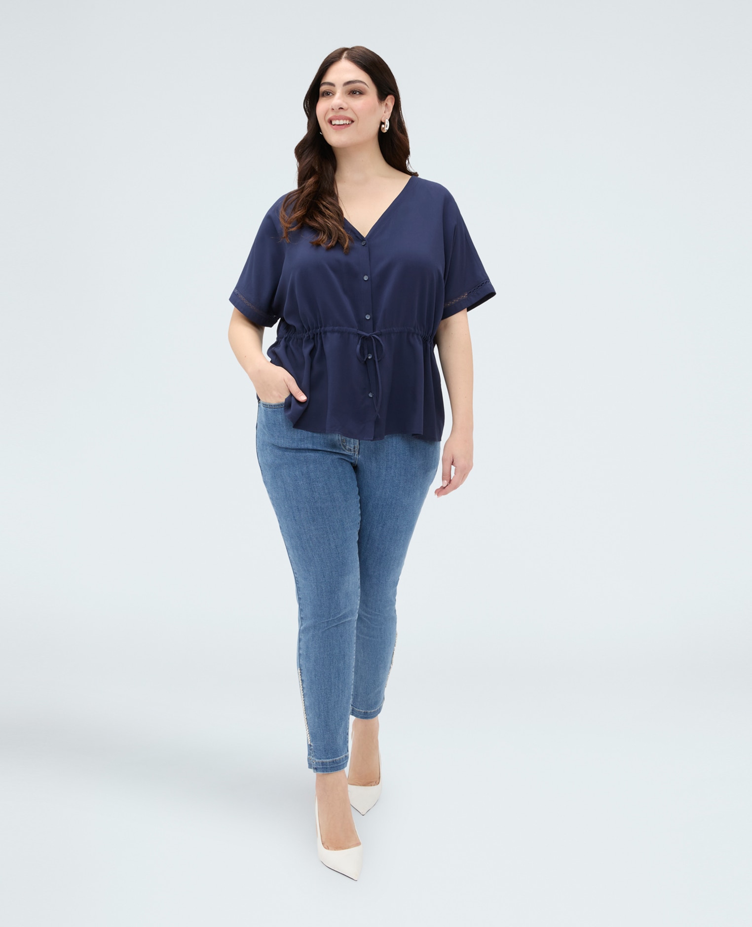 Blusa de mujer de viscosa con cordón ajustable en la cintura cierre con botones delante cintura con cordón ajustable - Fiorella Rubino - Azul Azul-3