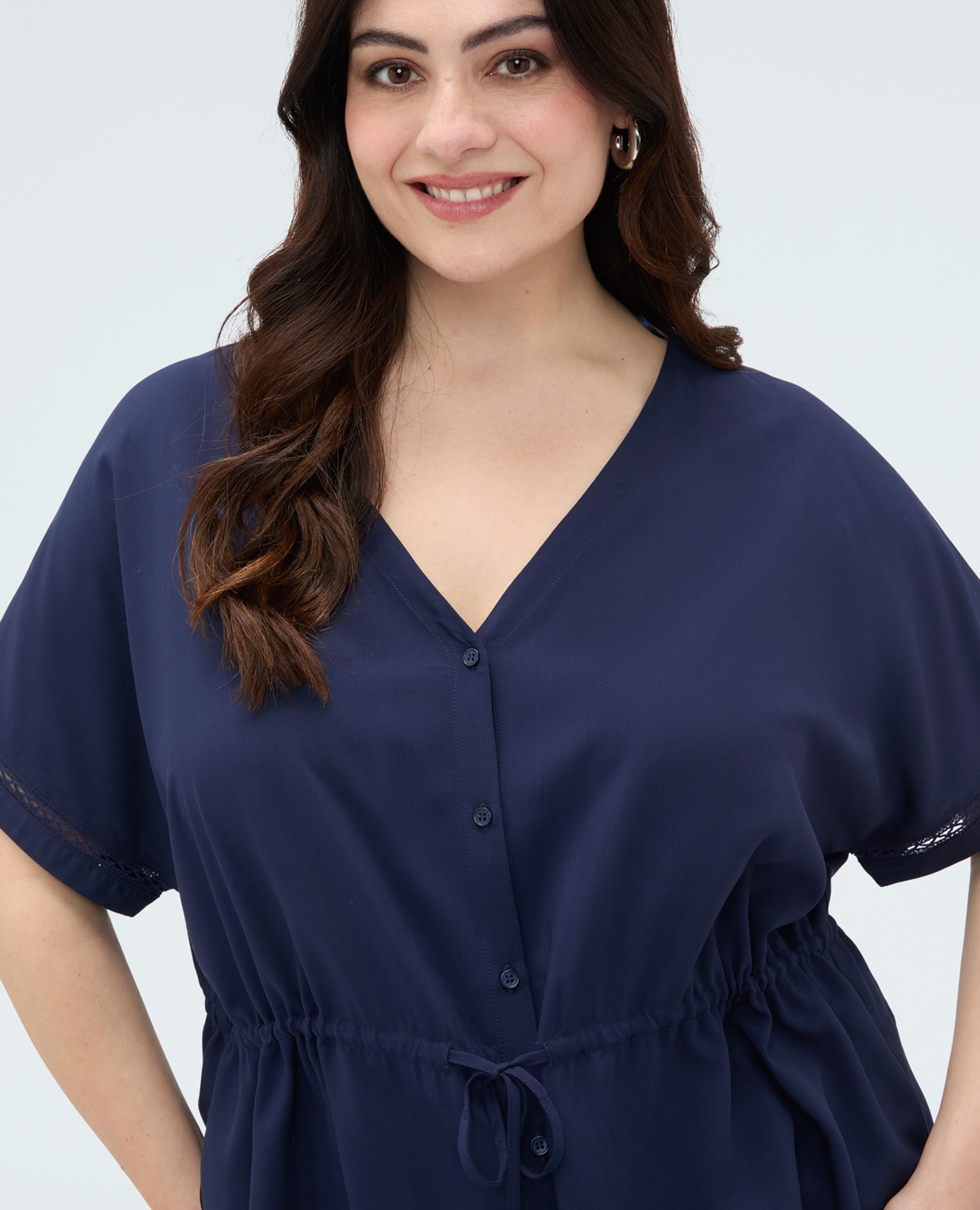Blusa de mujer de viscosa con cordón ajustable en la cintura cierre con botones delante cintura con cordón ajustable - Fiorella Rubino - Azul Azul-4