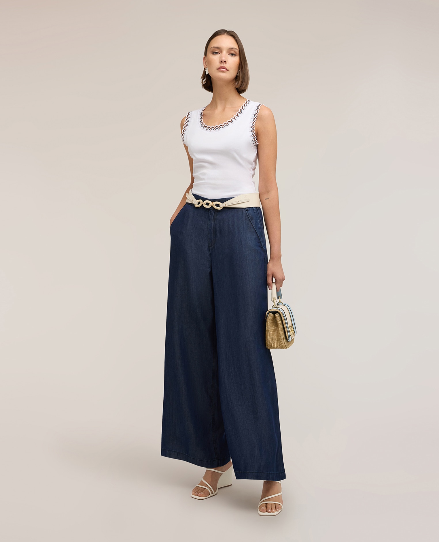 Vaqueros de mujer palazzo en denim lyocell ajuste ancho con cierre de botón y cremallera - Motivi - Azul Azul-1