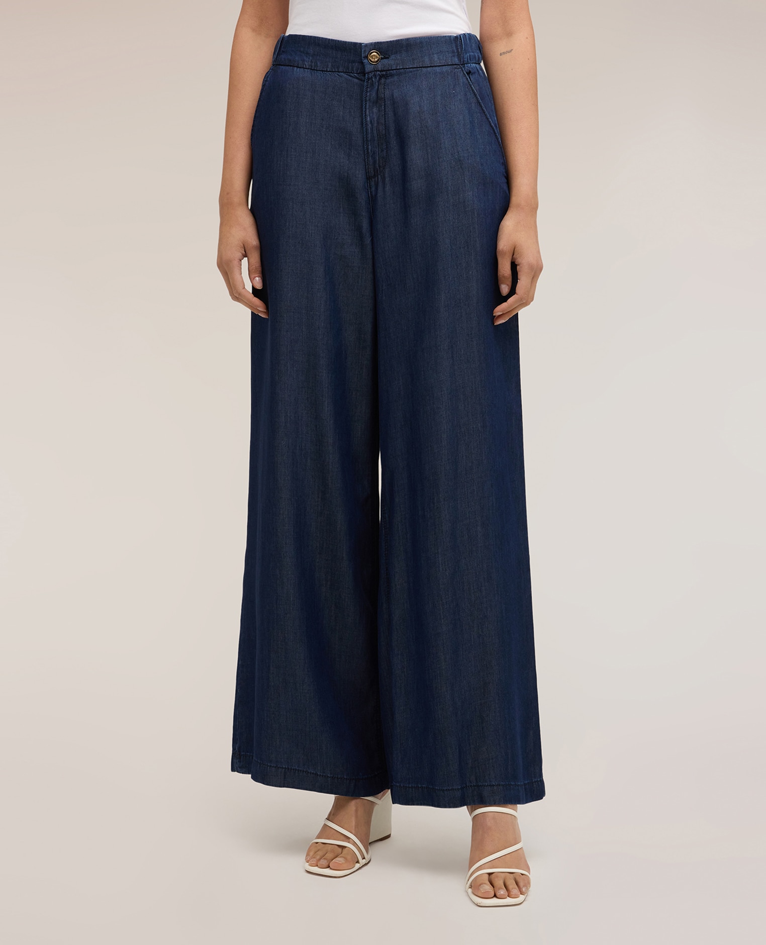 Vaqueros de mujer palazzo en denim lyocell ajuste ancho con cierre de botón y cremallera - Motivi - Azul Azul-3