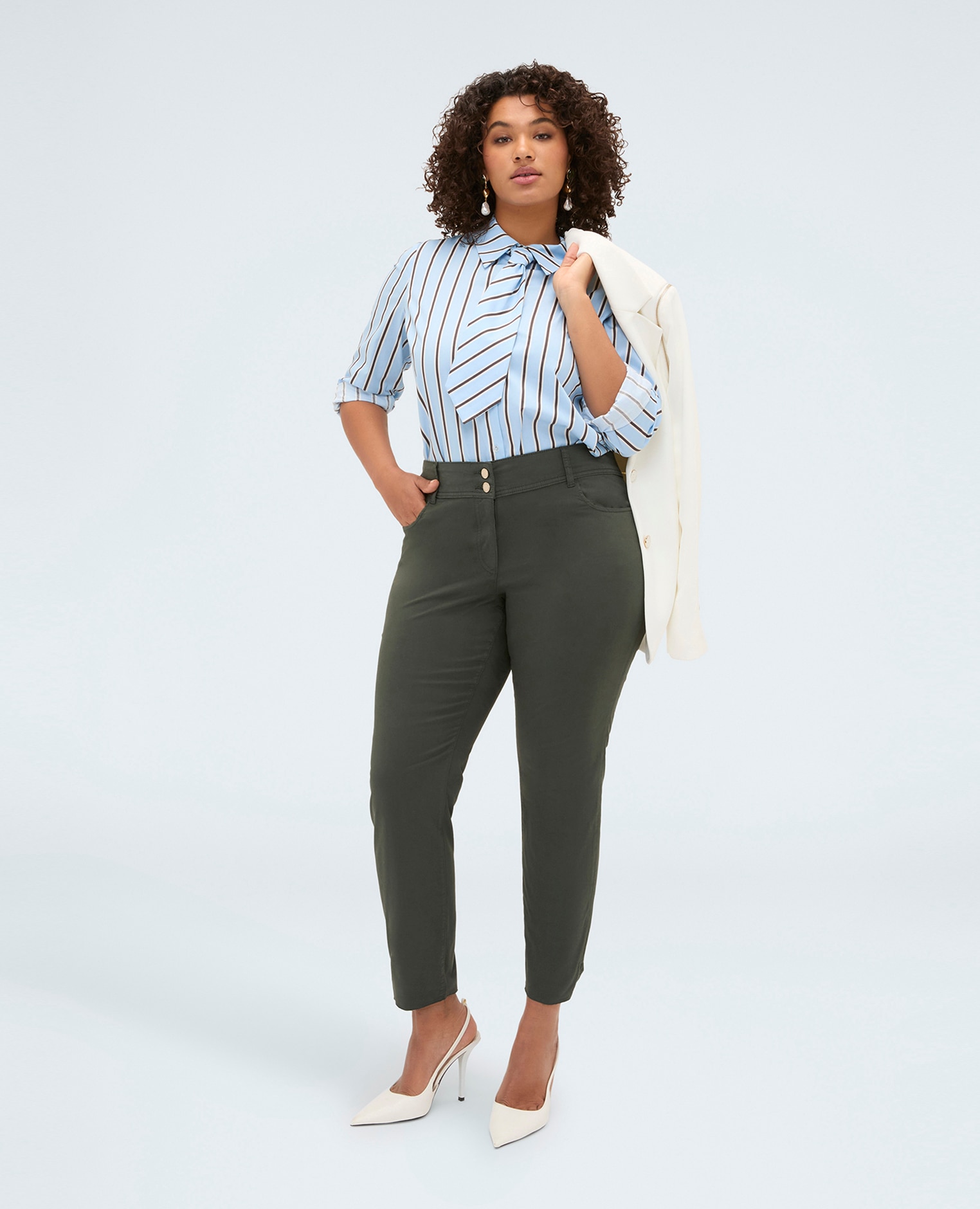 Pantalones de mujer skinny de algodón bolsillos de ojal y corte vivo en el bajo - Fiorella Rubino - Verde Verde-1