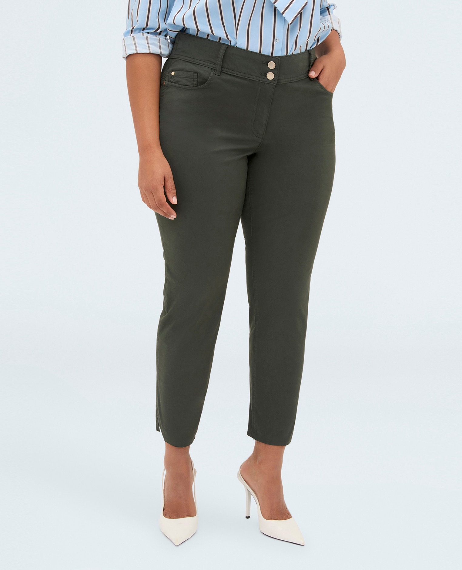 Pantalones de mujer skinny de algodón bolsillos de ojal y corte vivo en el bajo - Fiorella Rubino - Verde Verde-3