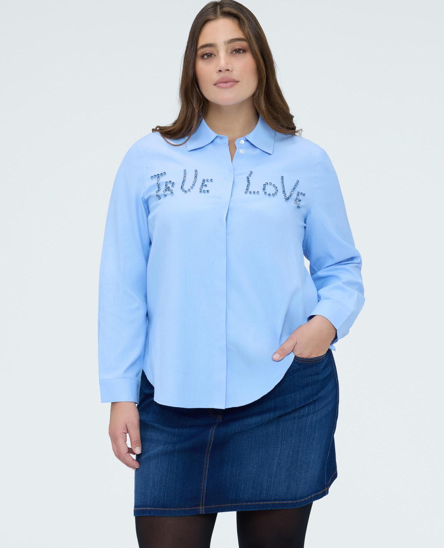 Camisa de mujer con letras de strass mangas largas con puños - Fiorella Rubino - Azul claro Azul claro-1