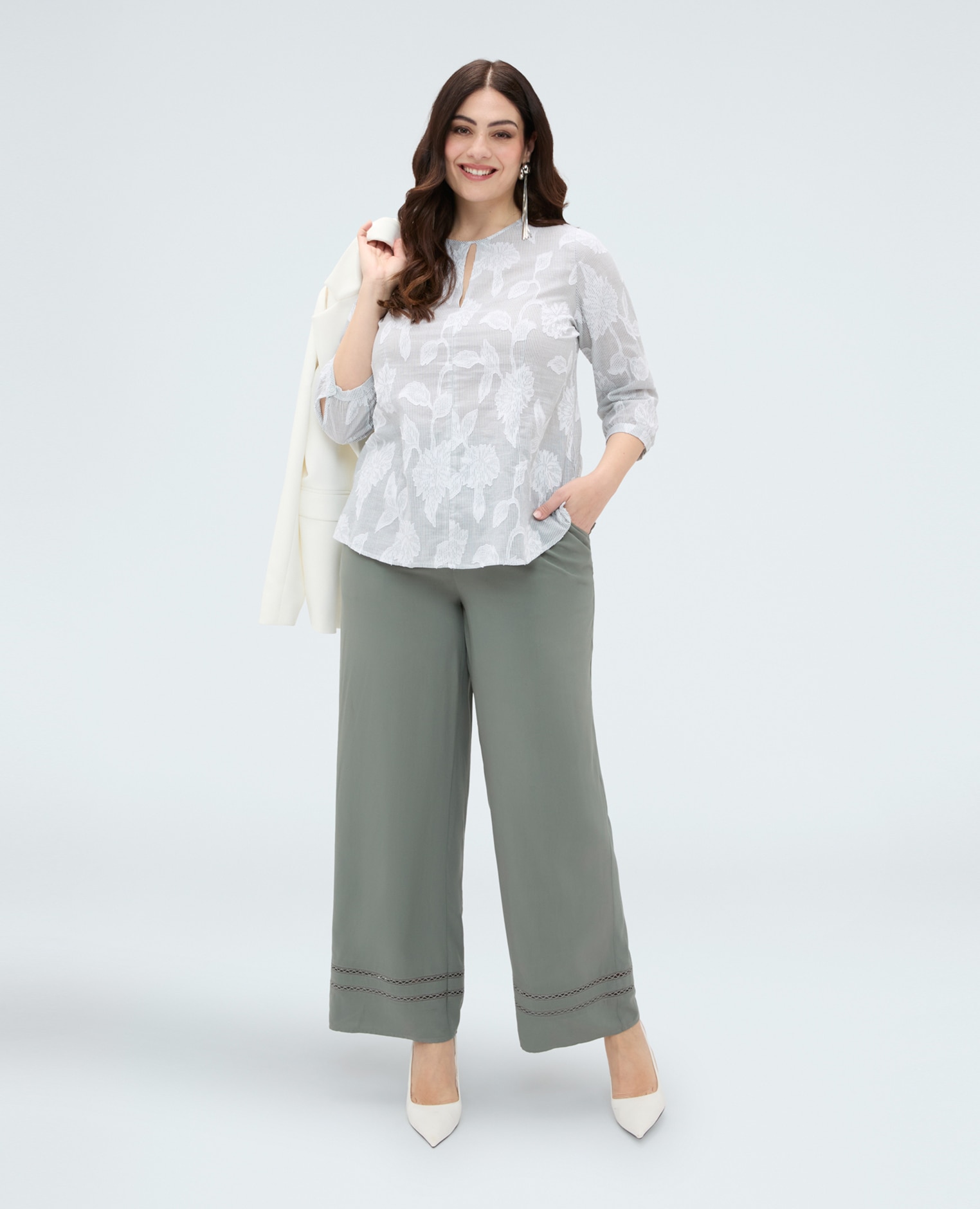 Pantalones de mujer wide leg con detalle ajour cintura elástica con cordón ajustable - Fiorella Rubino - Verde militar Verde militar-1