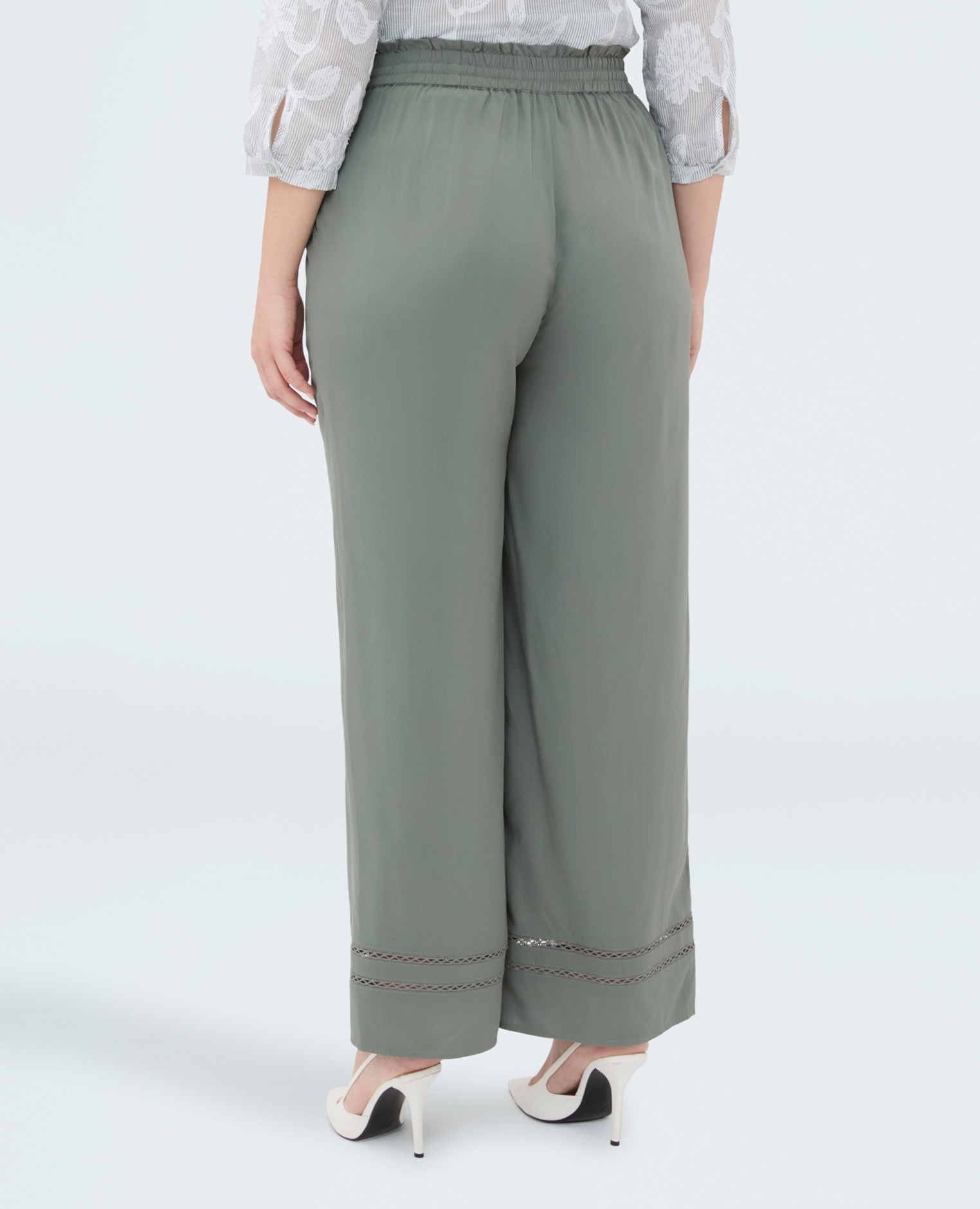 Pantalones de mujer wide leg con detalle ajour cintura elástica con cordón ajustable - Fiorella Rubino - Verde militar Verde militar-2