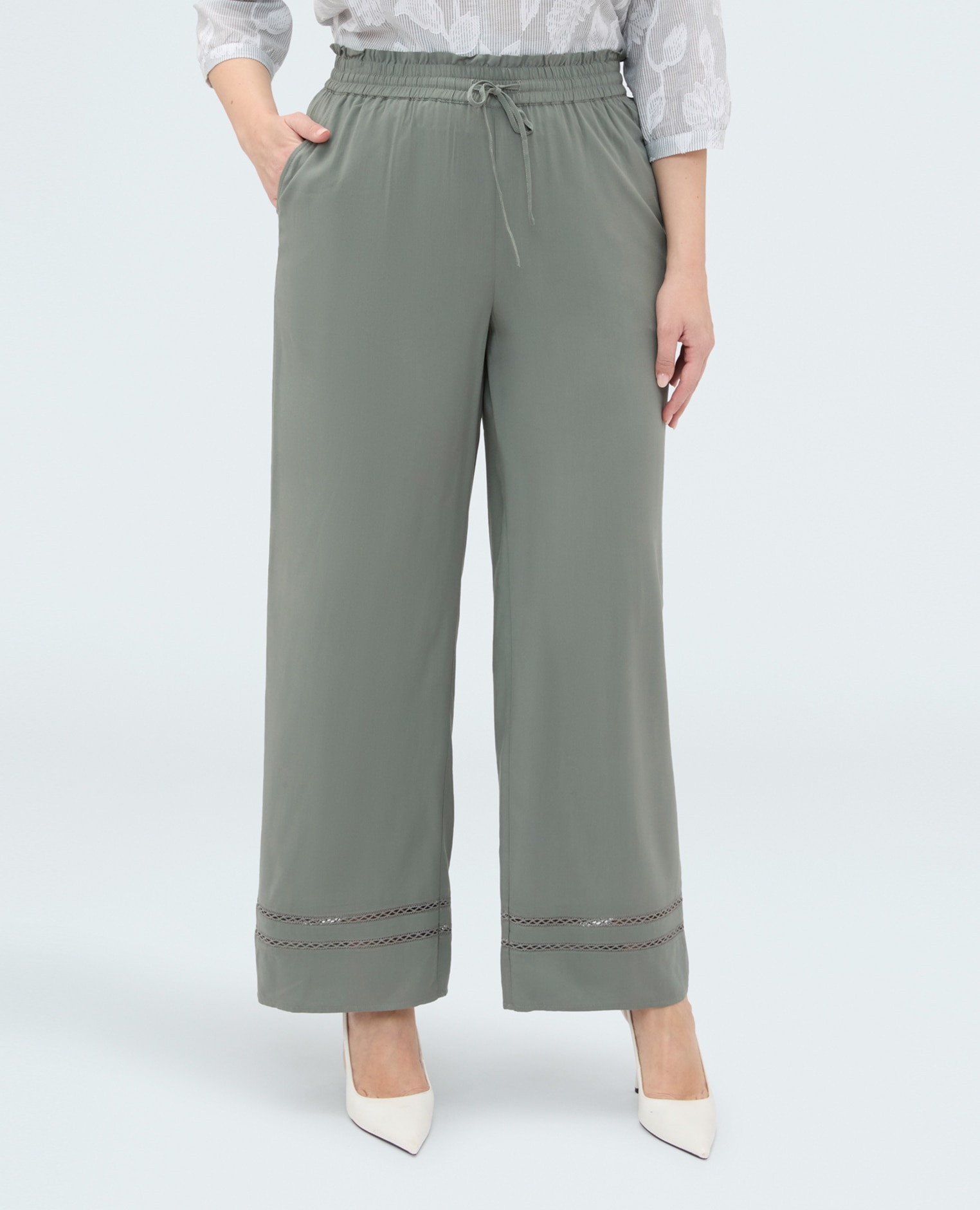 Pantalones de mujer wide leg con detalle ajour cintura elástica con cordón ajustable - Fiorella Rubino - Verde militar Verde militar-3