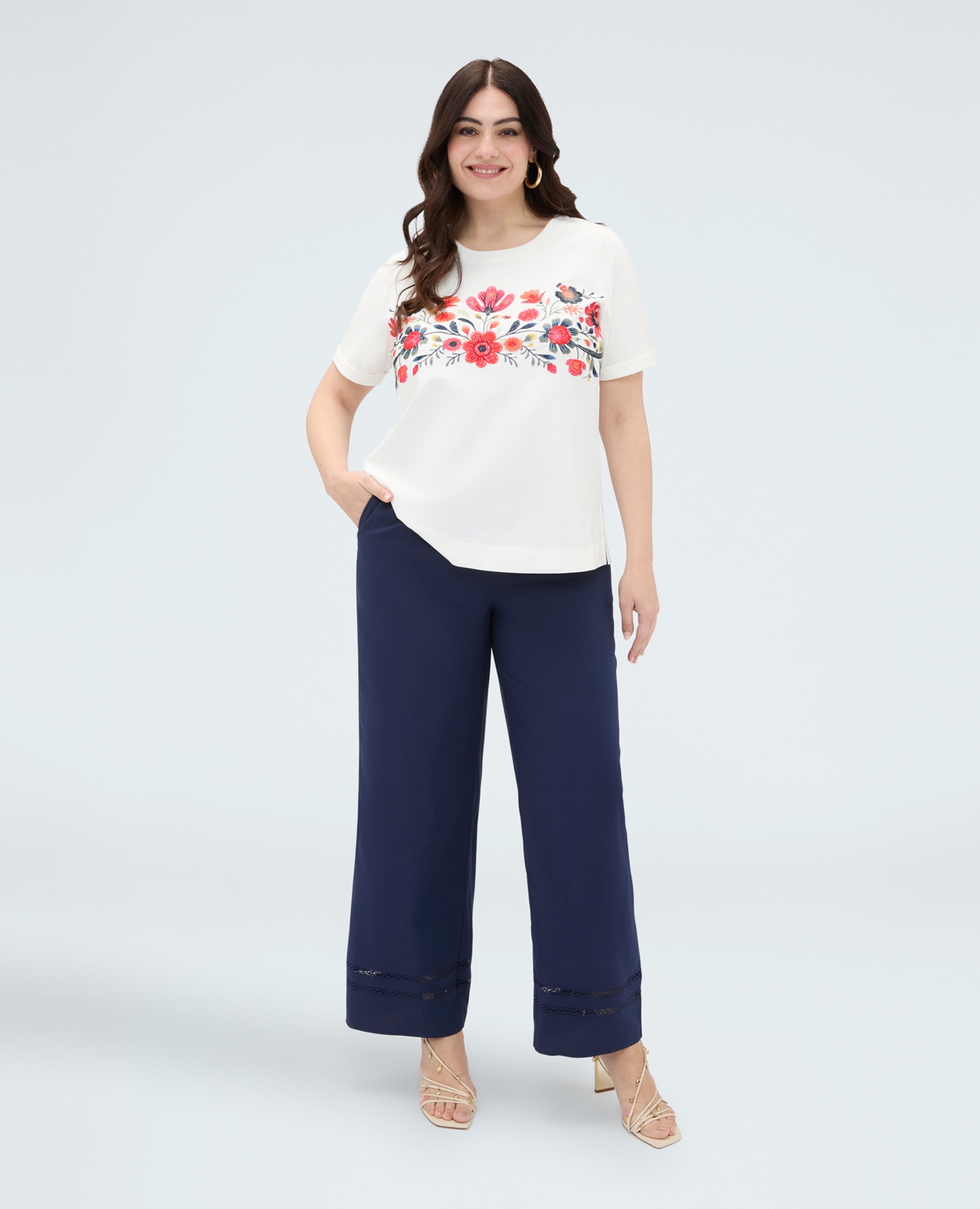 Fiorella Rubino - Pantalones de mujer wide leg con detalle ajour cintura elástica con cordón ajustable.
