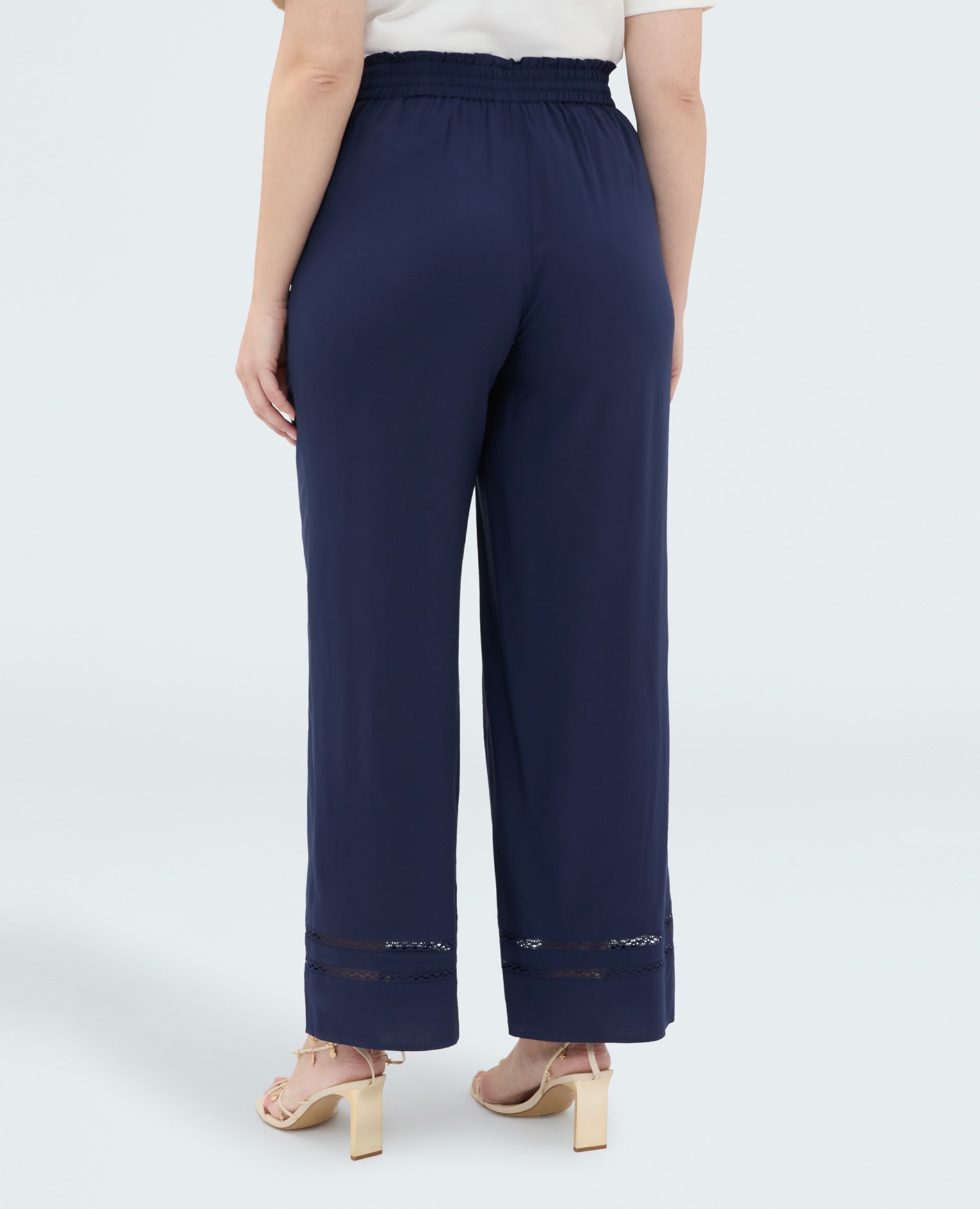 Pantalones de mujer wide leg con detalle ajour cintura elástica con cordón ajustable - Fiorella Rubino - Azul Azul-2