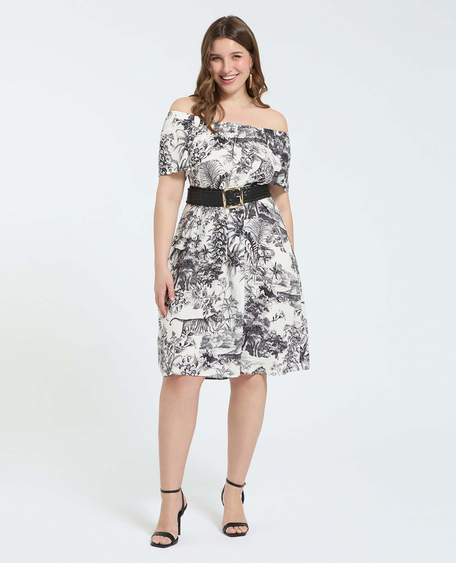 Fiorella Rubino - Vestido off-shoulder con estampado exótico fresco y agradable sobre la piel.