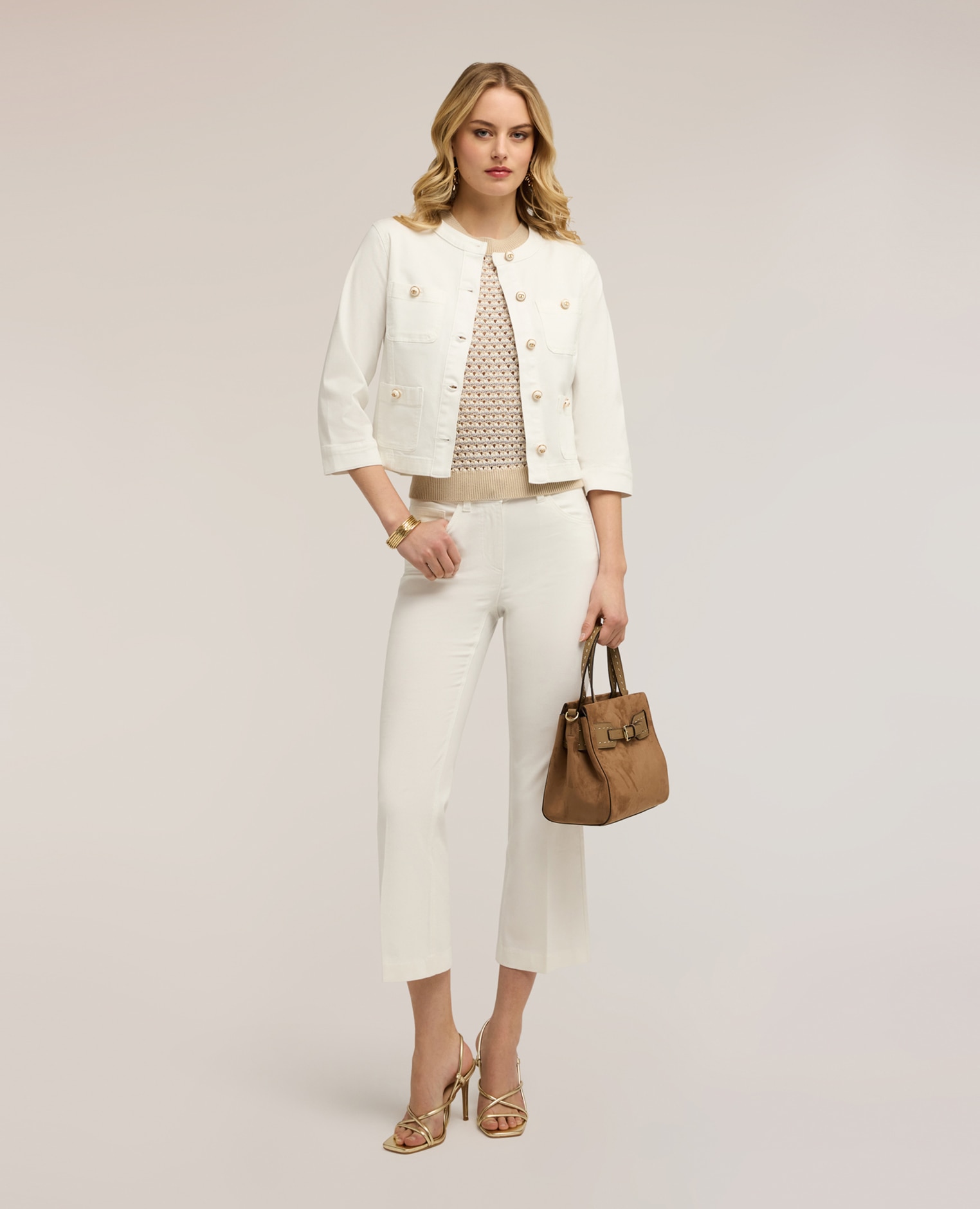 Chaqueta de mujer en drill mezcla de algodón modelo regular con cierre de botones frontal - Motivi - Blanco Blanco-3