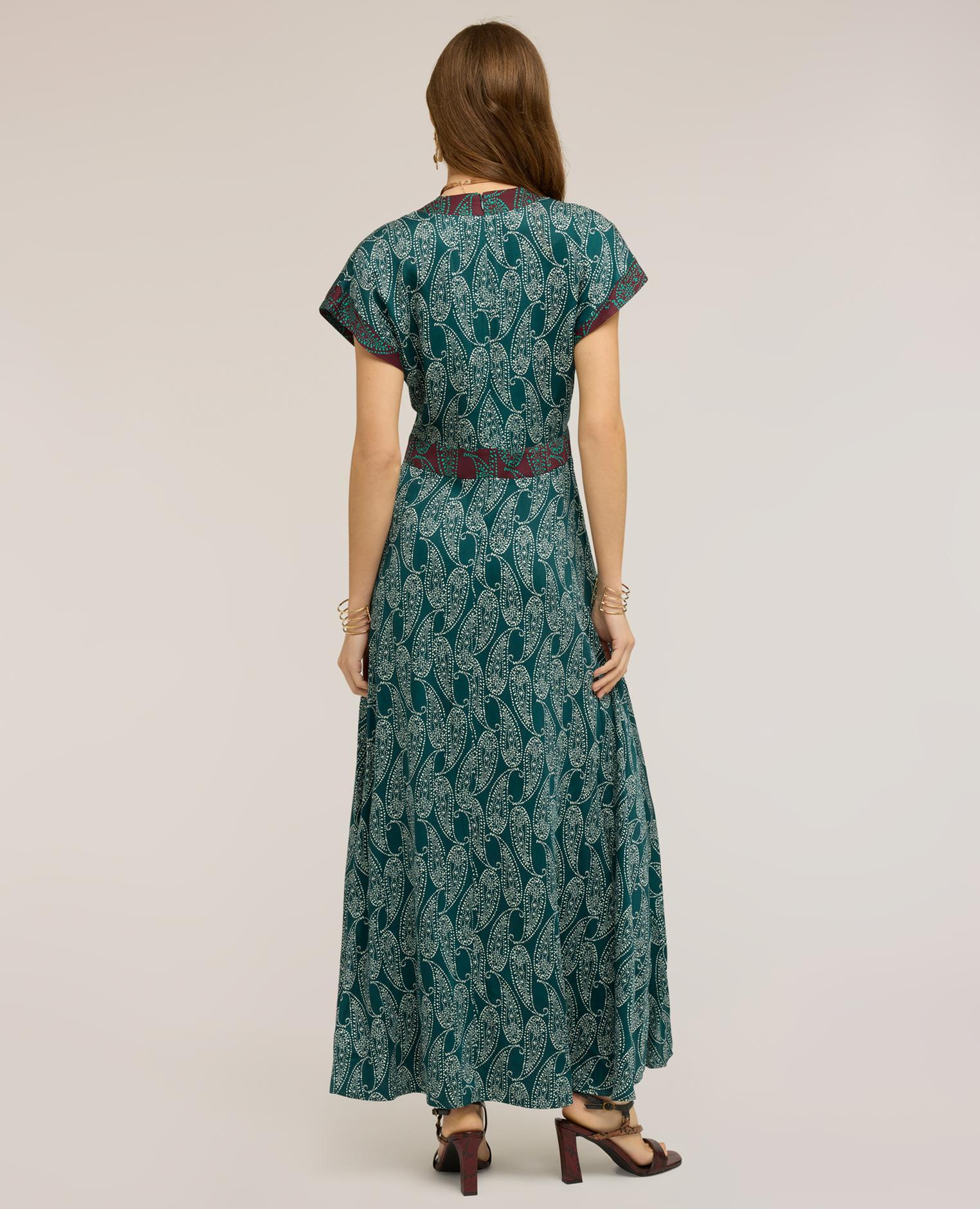 Vestido largo de raso estampado cashmere escote en v profundo cierre con cremallera en el centro de la espalda - Motivi - Verde Verde-2