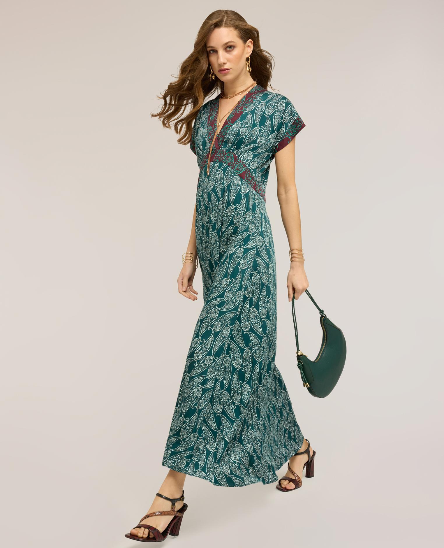Vestido largo de raso estampado cashmere escote en v profundo cierre con cremallera en el centro de la espalda - Motivi - Verde Verde-3