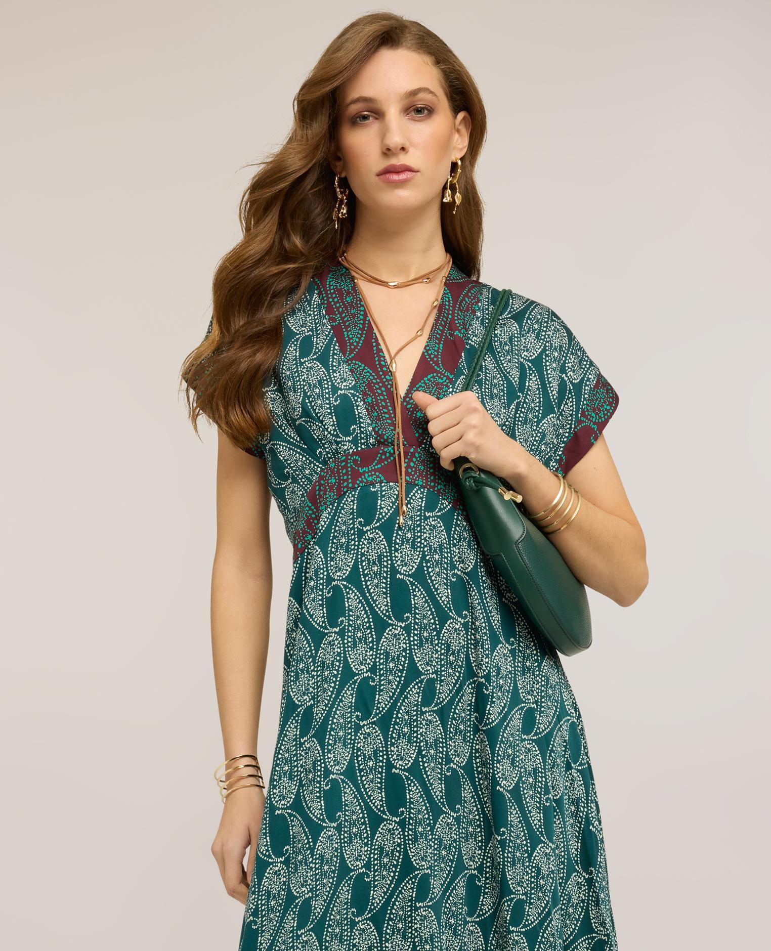 Vestido largo de raso estampado cashmere escote en v profundo cierre con cremallera en el centro de la espalda - Motivi - Verde Verde-4