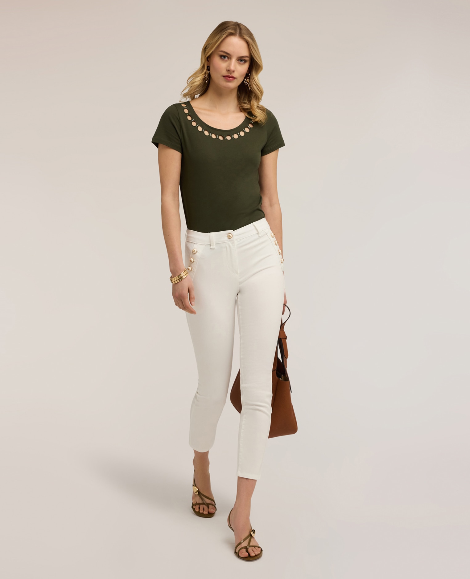 Motivi - Pantalones de mujer slim en drill de algodón ajuste skinny cierre frontal con botones y cremallera.