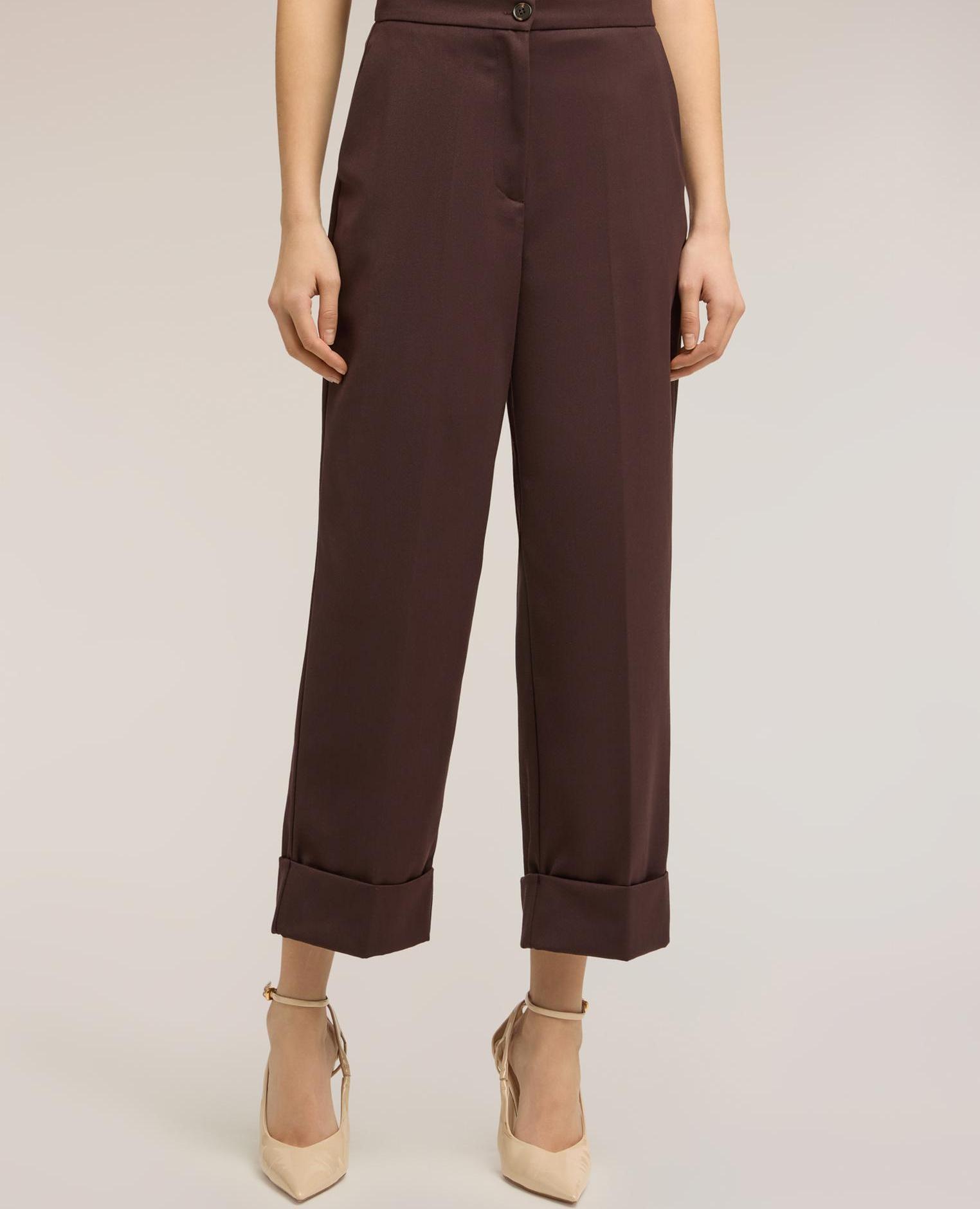 Pantalones de mujer cropped con vuelta cierre frontal con botón y cremallera - Motivi - Marrón Marrón-3