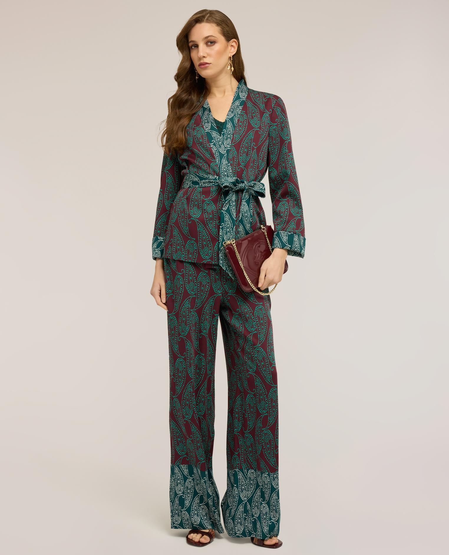 Pantalones de mujer palazzo de raso estampado cashmere cintura elástica en la parte trasera - Motivi - Verde Verde-1
