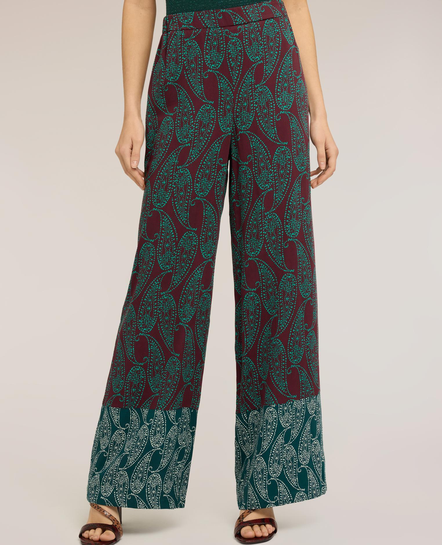 Pantalones de mujer palazzo de raso estampado cashmere cintura elástica en la parte trasera - Motivi - Verde Verde-3
