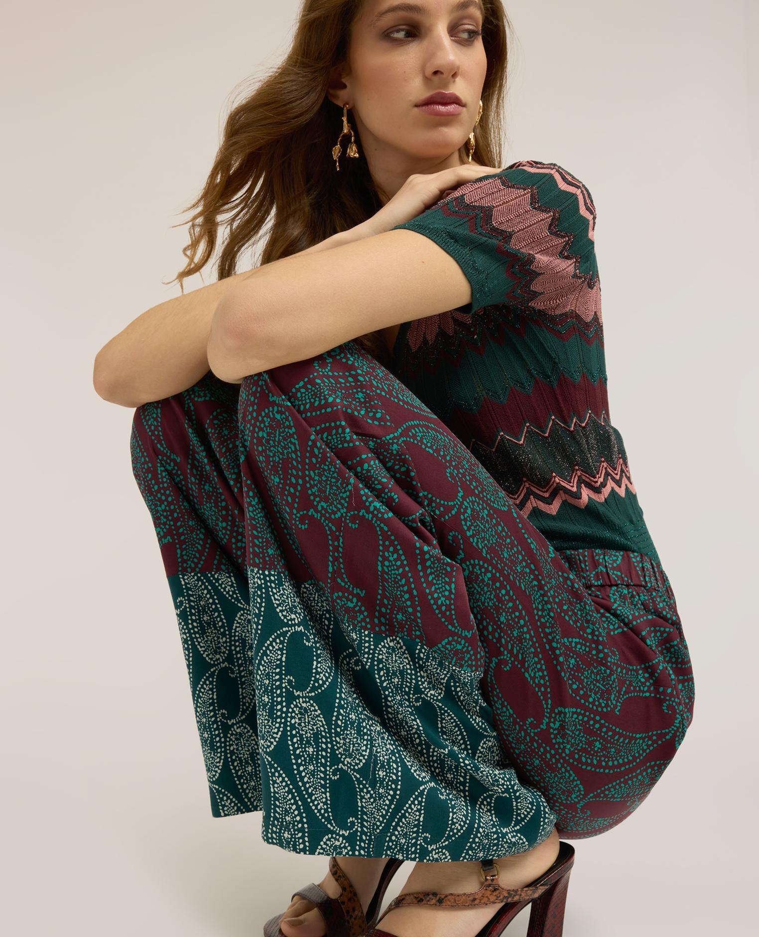 Pantalones de mujer palazzo de raso estampado cashmere cintura elástica en la parte trasera - Motivi - Verde Verde-4