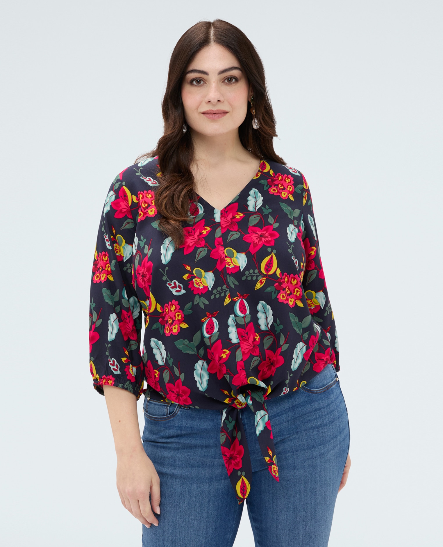Blusa de mujer estampado floral en viscosa con nudo para una sensación agradable en la piel - Fiorella Rubino - Azul Azul-1