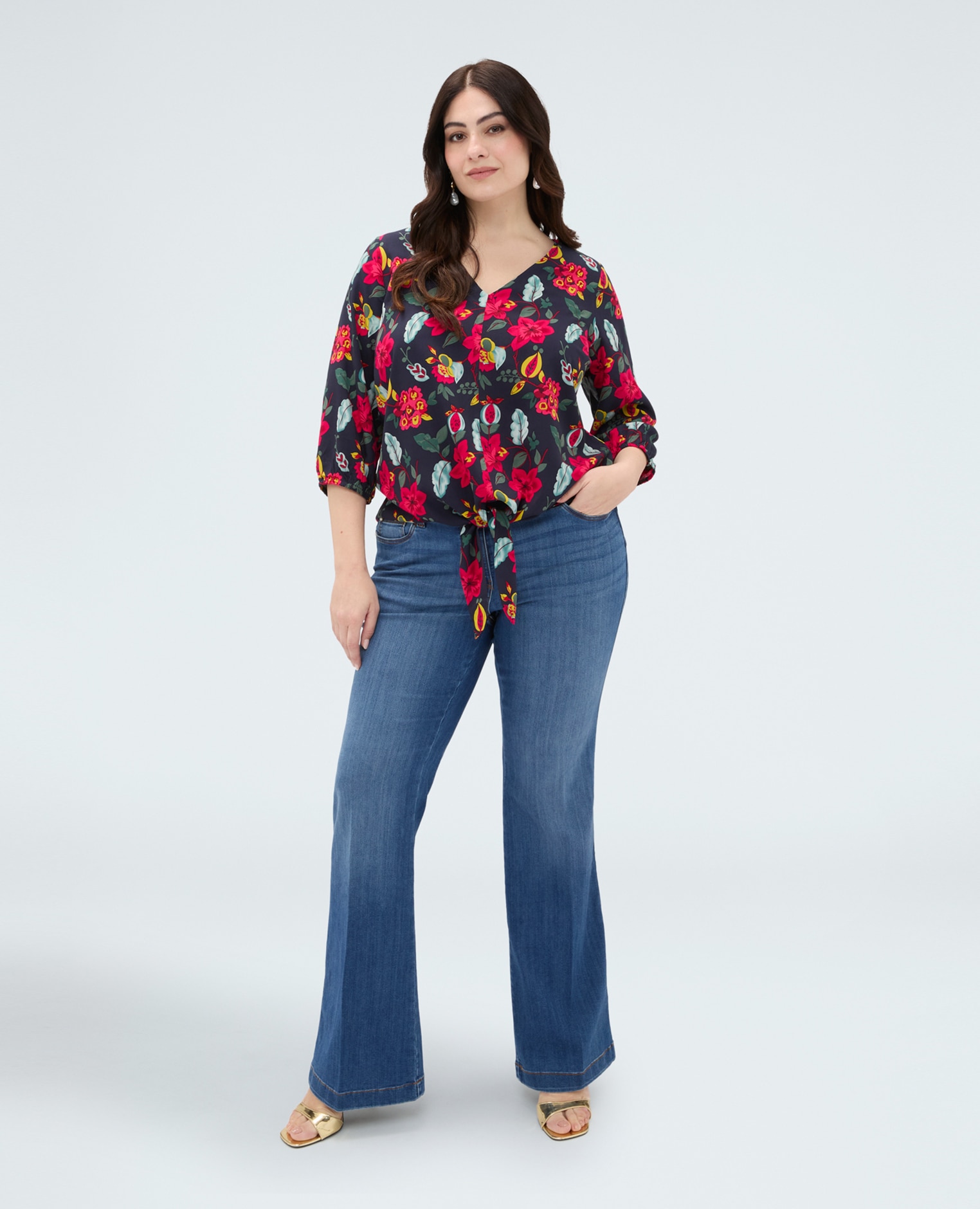 Blusa de mujer estampado floral en viscosa con nudo para una sensación agradable en la piel - Fiorella Rubino - Azul Azul-3