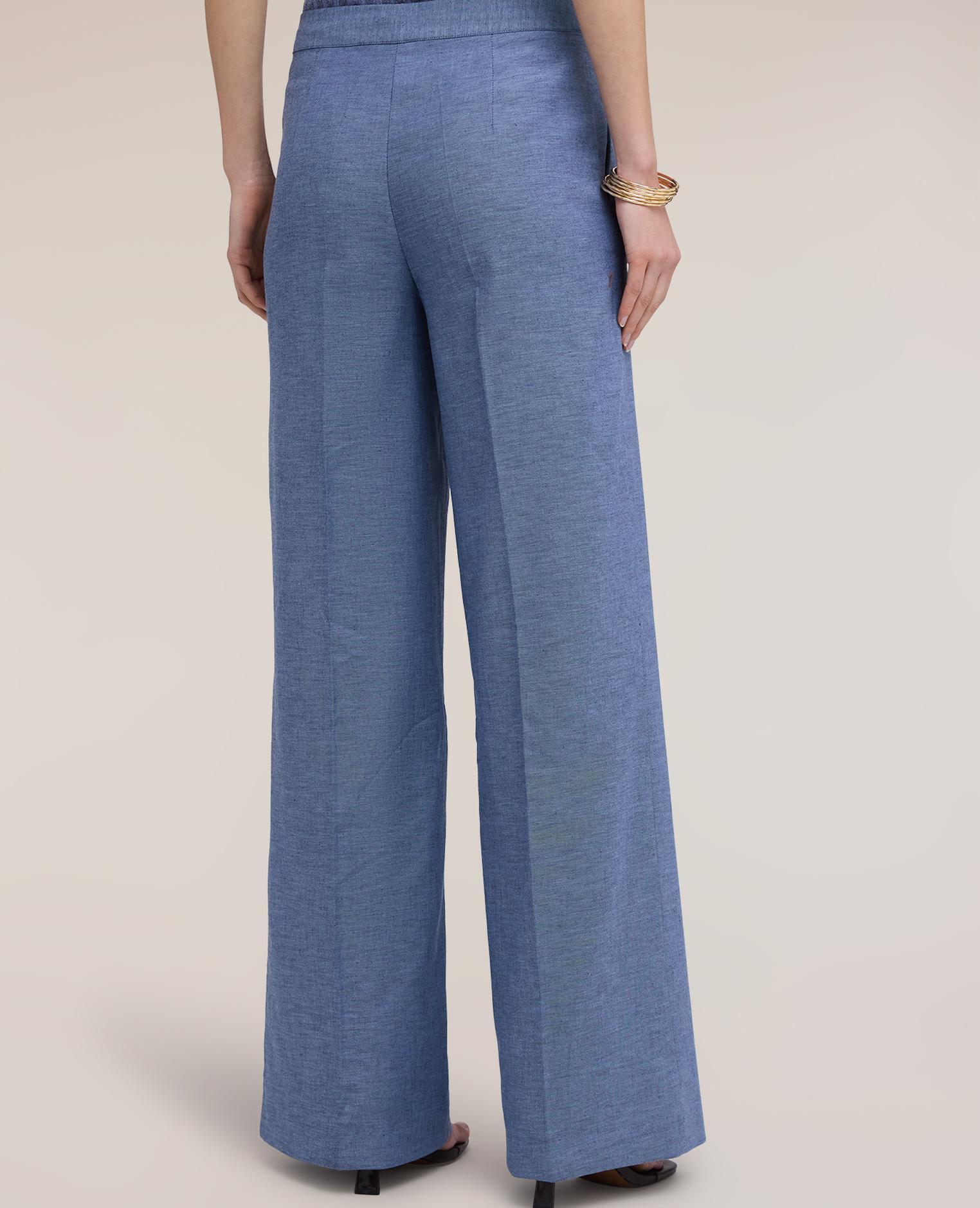 Pantalones de mujer palazzo de mezcla de lino cierre frontal con botón y cremallera - Motivi - Azul claro Azul claro-2