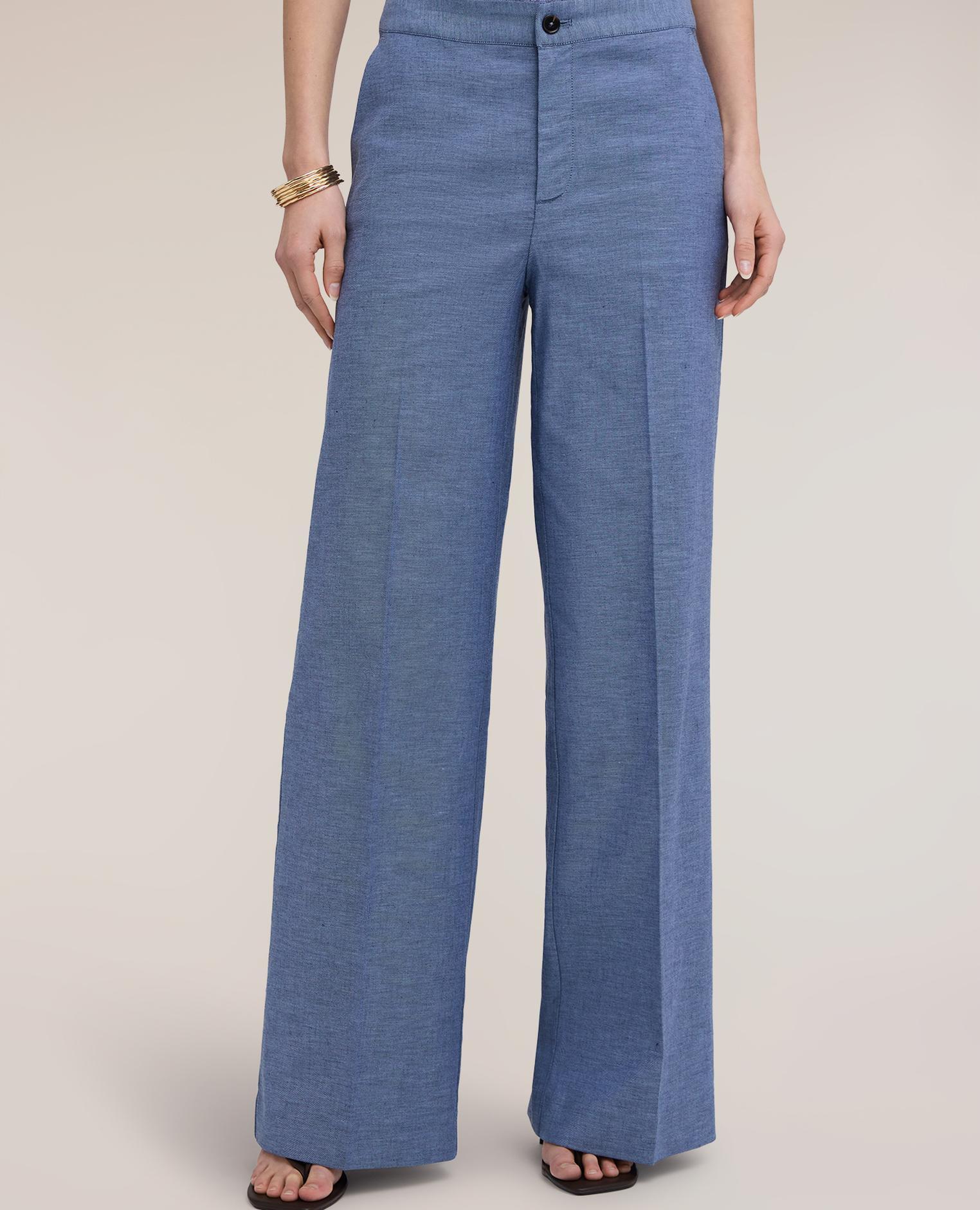 Pantalones de mujer palazzo de mezcla de lino cierre frontal con botón y cremallera - Motivi - Azul claro Azul claro-3