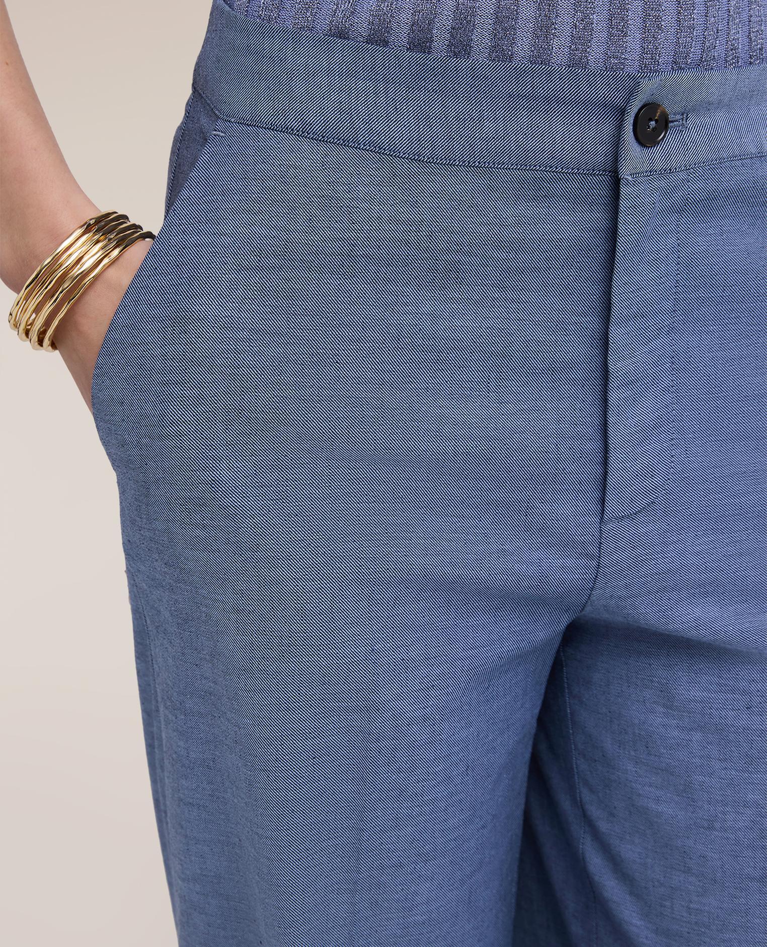 Pantalones de mujer palazzo de mezcla de lino cierre frontal con botón y cremallera - Motivi - Azul claro Azul claro-4