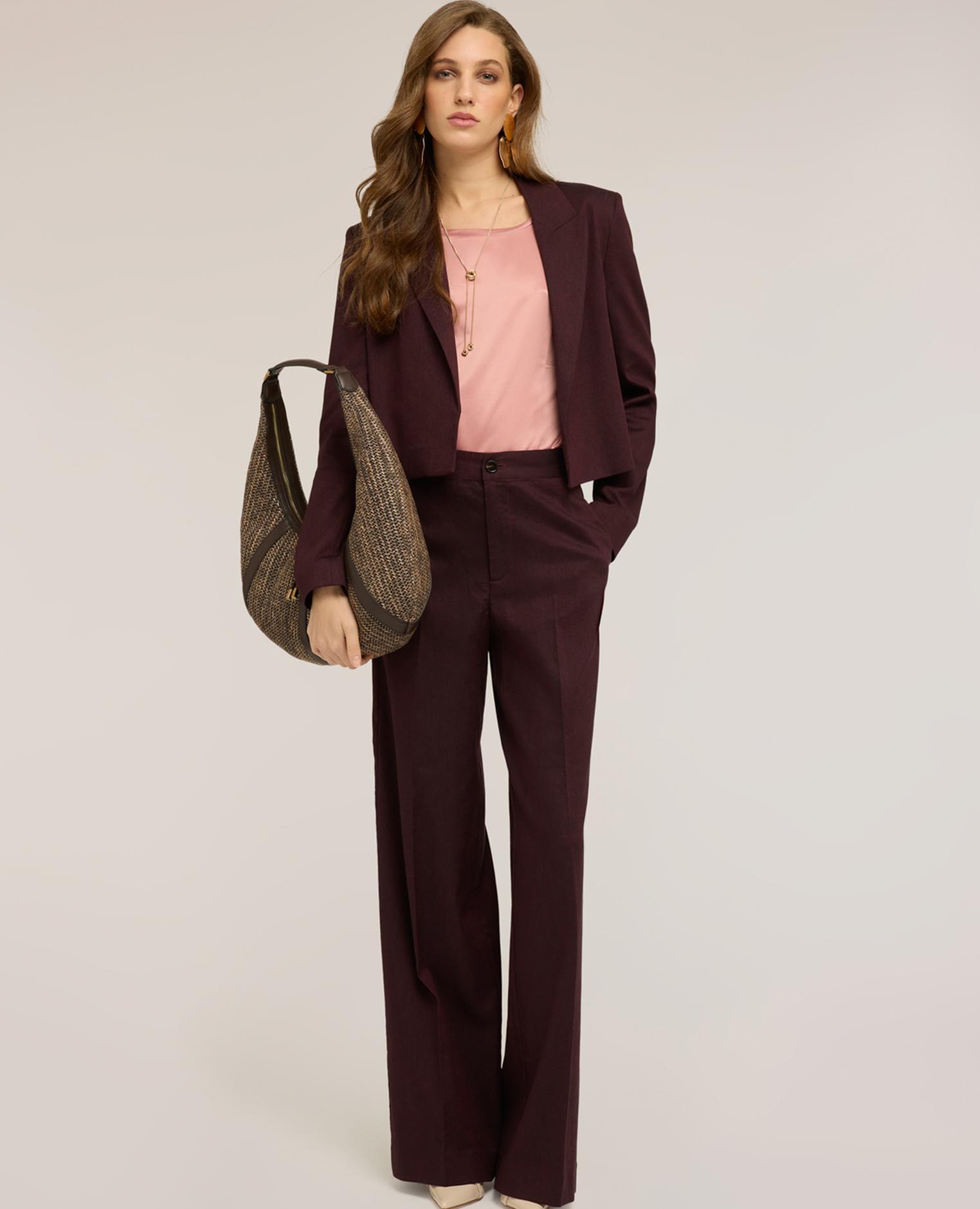 Pantalones de mujer palazzo de mezcla de lino cierre frontal con botón y cremallera - Motivi - Burdeos Burdeos-1