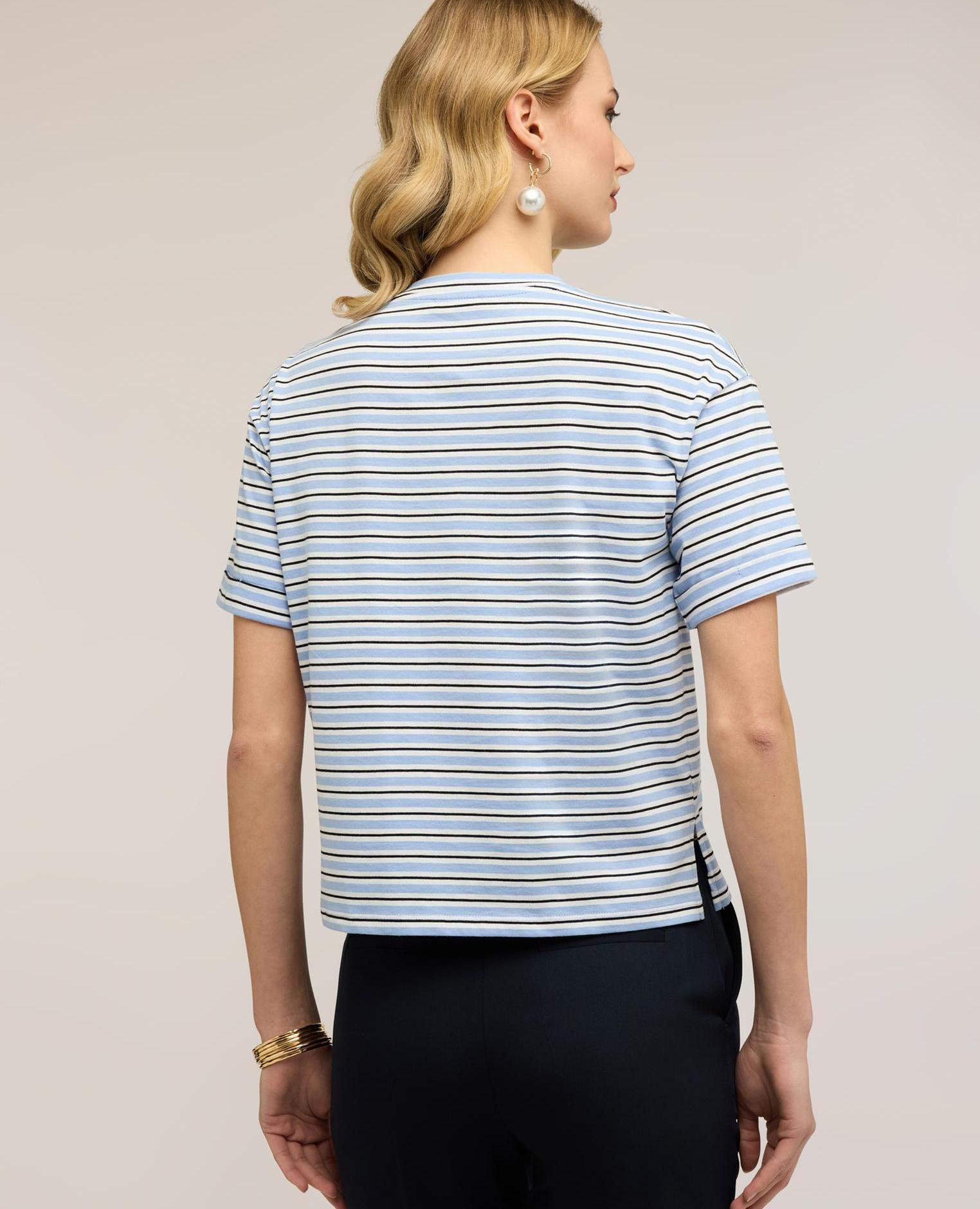 Camiseta de mujer de rayas con bordado floral ajuste boxy con escote redondo - Motivi - Azul claro Azul claro-2