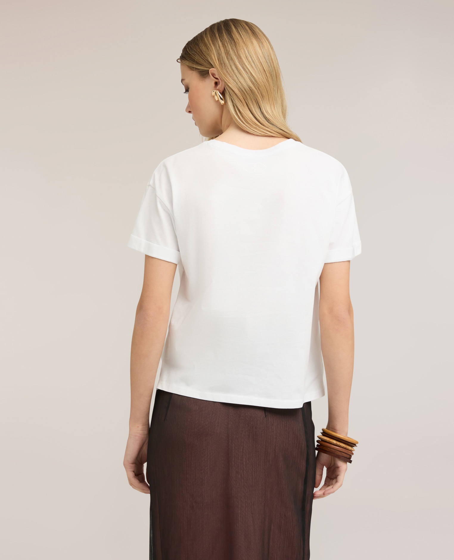 Camiseta de mujer boxy con logo bordado ajuste boxy con escote redondo - Motivi - Blanco Blanco-2
