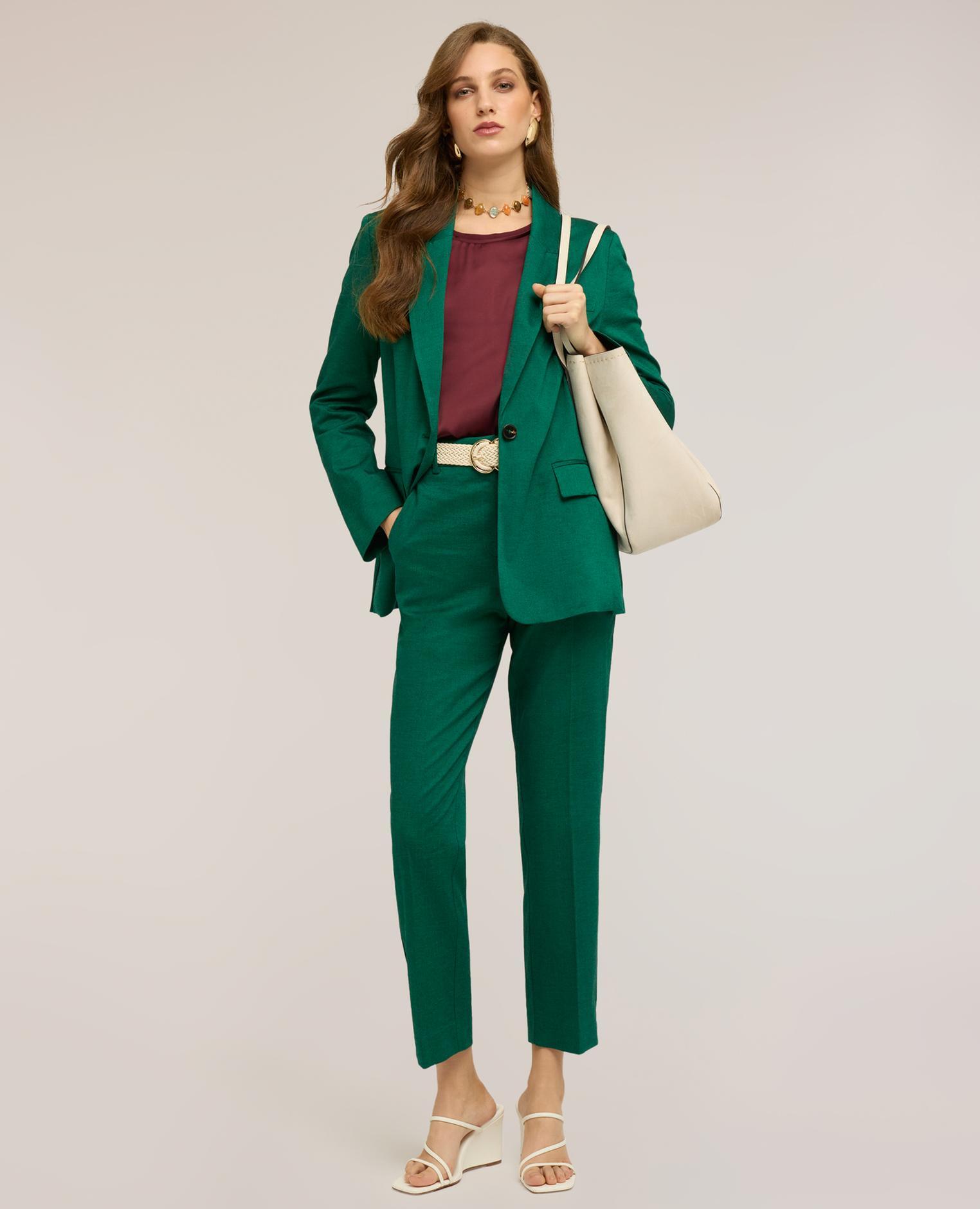 Pantalones de mujer chino de mezcla de lino ajuste regular cierre frontal con corchete y cremallera - Motivi - Verde Verde-3