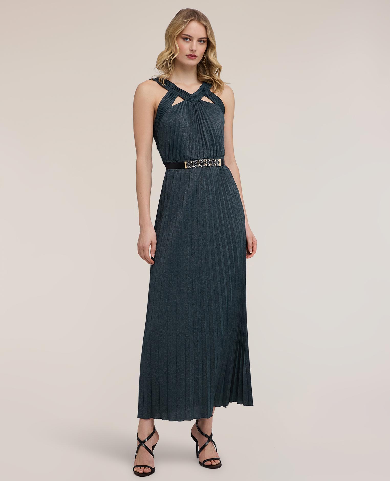 Vestido largo de jersey lurex plisado modelo sin mangas con corpiño trabajado - Motivi - Verde Verde-1