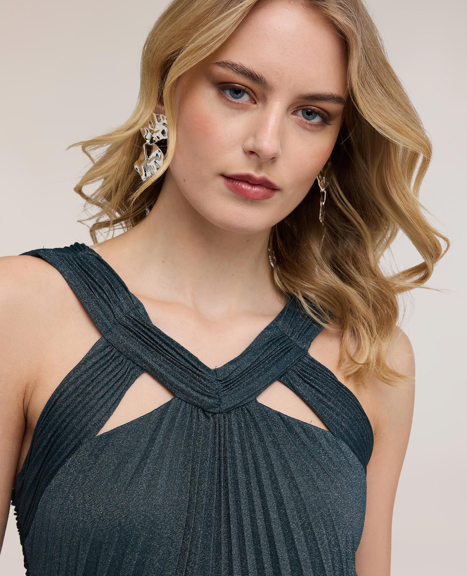 Vestido largo de jersey lurex plisado modelo sin mangas con corpiño trabajado - Motivi - Verde Verde-4