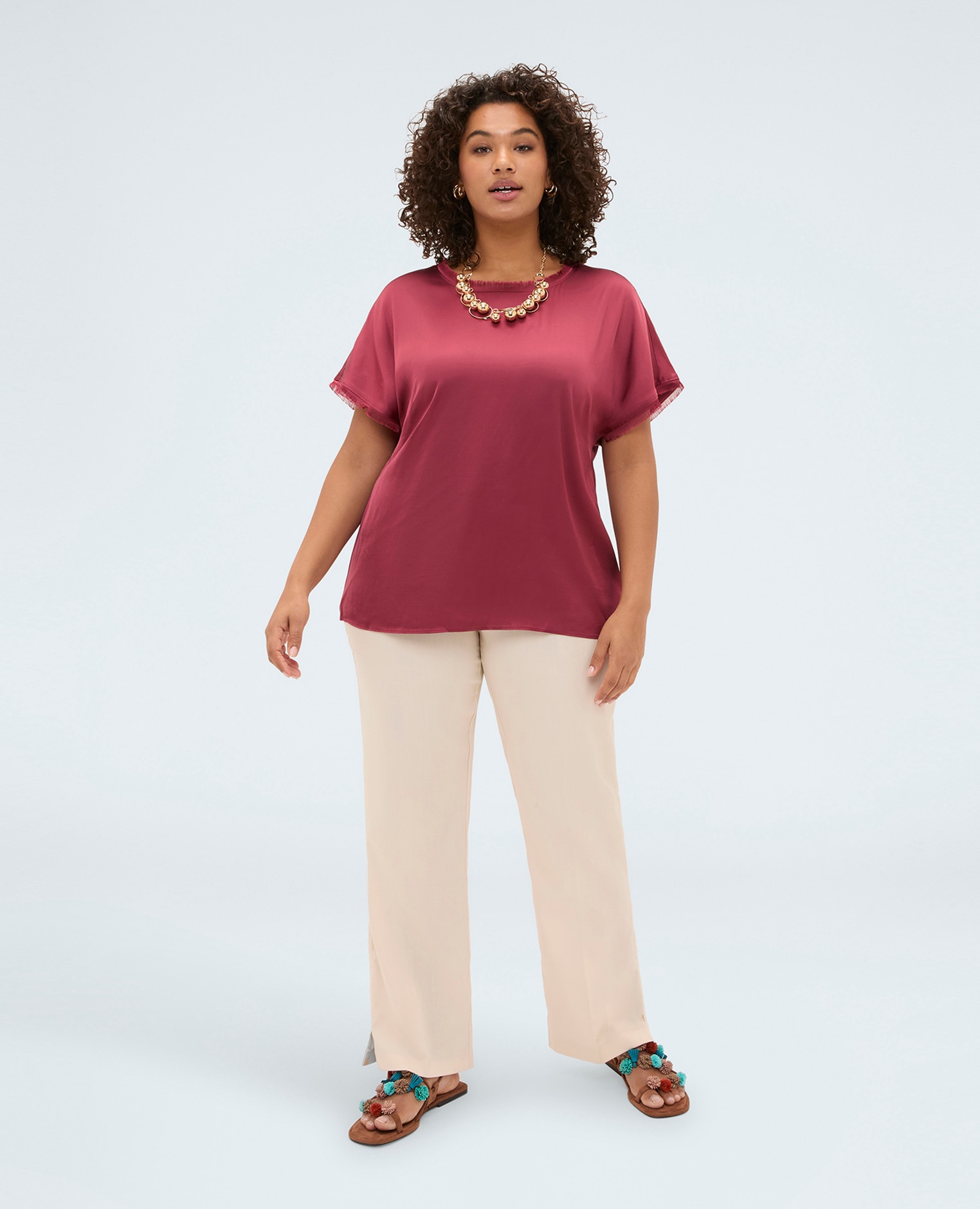 Top de mujer de raso con detalles deshilachados para una sensación agradable en la piel - Fiorella Rubino - Rojo Rojo-3