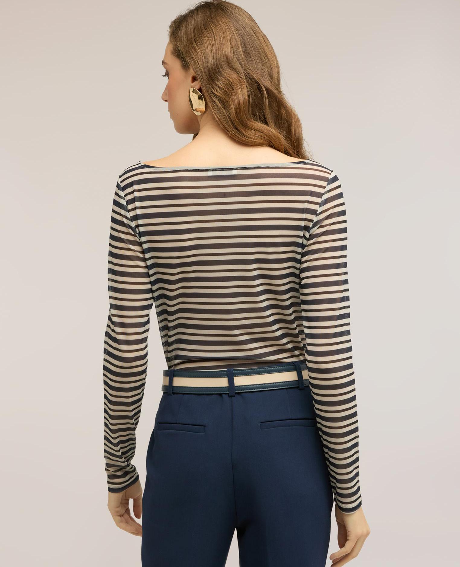 Camiseta de mujer de tul a rayas con drapeado ajuste entallado con drapeado lateral - Motivi - Azul Azul-2