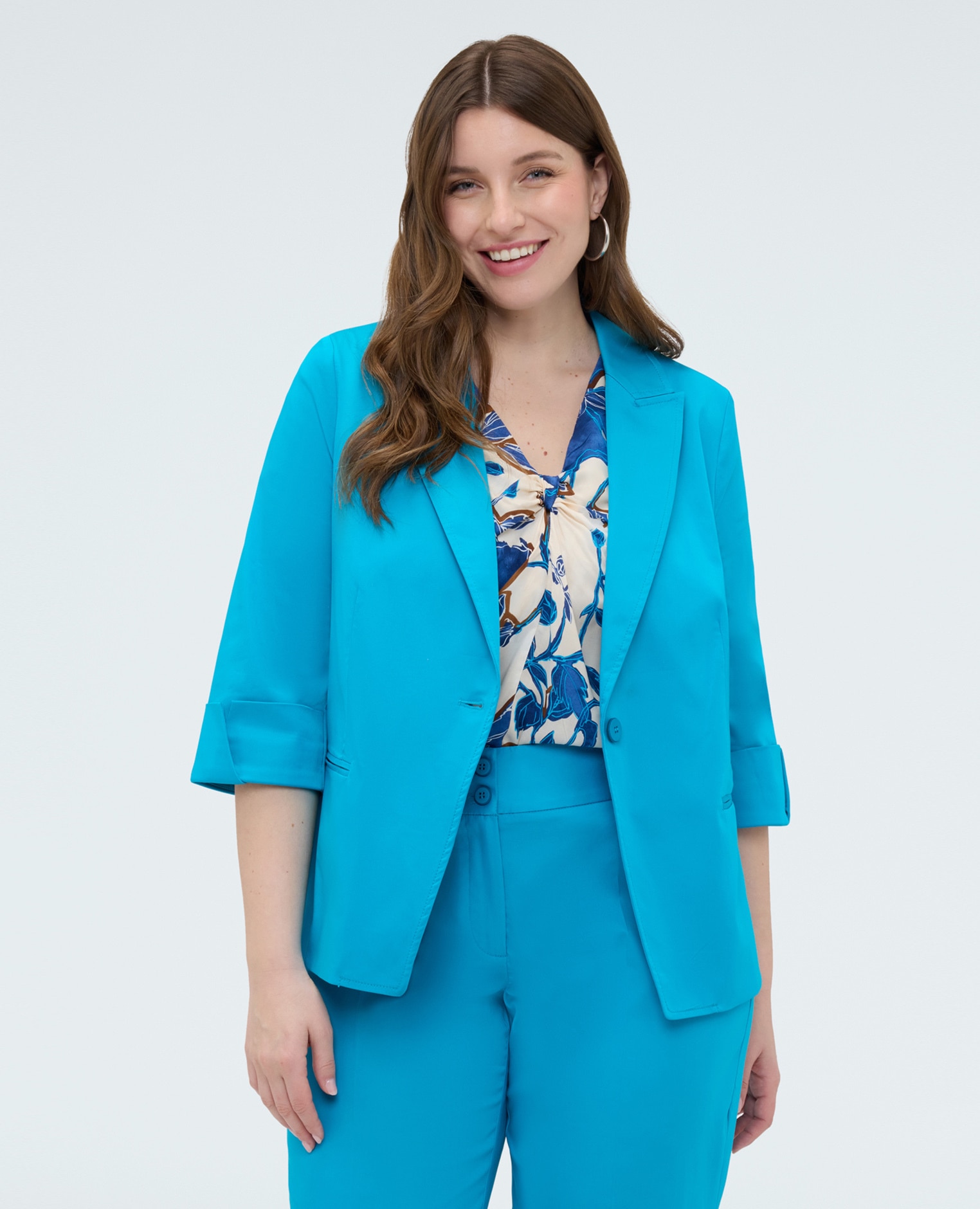 Blazer de mujer de mezcla de algodón con solapas mangas de tres cuartos con dobladillos y dos bolsillos en la parte delantera - Fiorella Rubino - Azul claro Azul claro-1
