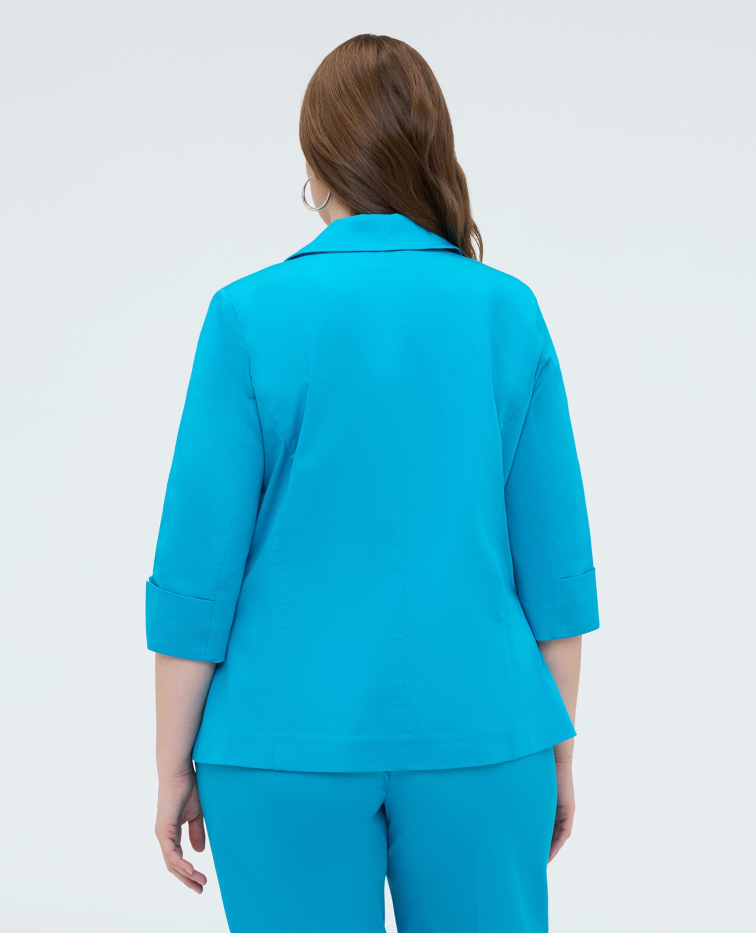 Blazer de mujer de mezcla de algodón con solapas mangas de tres cuartos con dobladillos y dos bolsillos en la parte delantera - Fiorella Rubino - Azul claro Azul claro-2