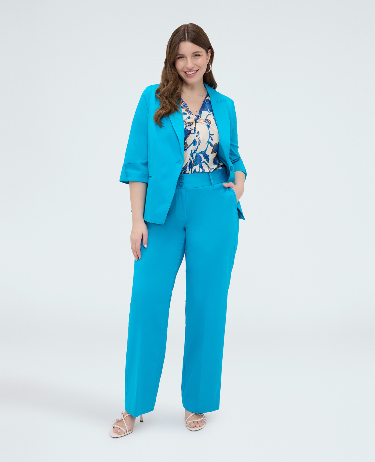 Pantalones de mujer regular de mezcla de algodón confeccionados en tejido elástico - Fiorella Rubino - Azul claro Azul claro-3