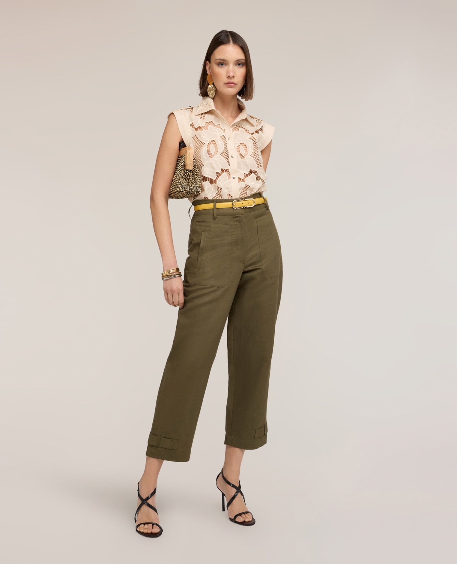 Pantalones de mujer mezcla de lino cierre frontal con corchete y cremallera - Motivi - Kaki Kaki-3