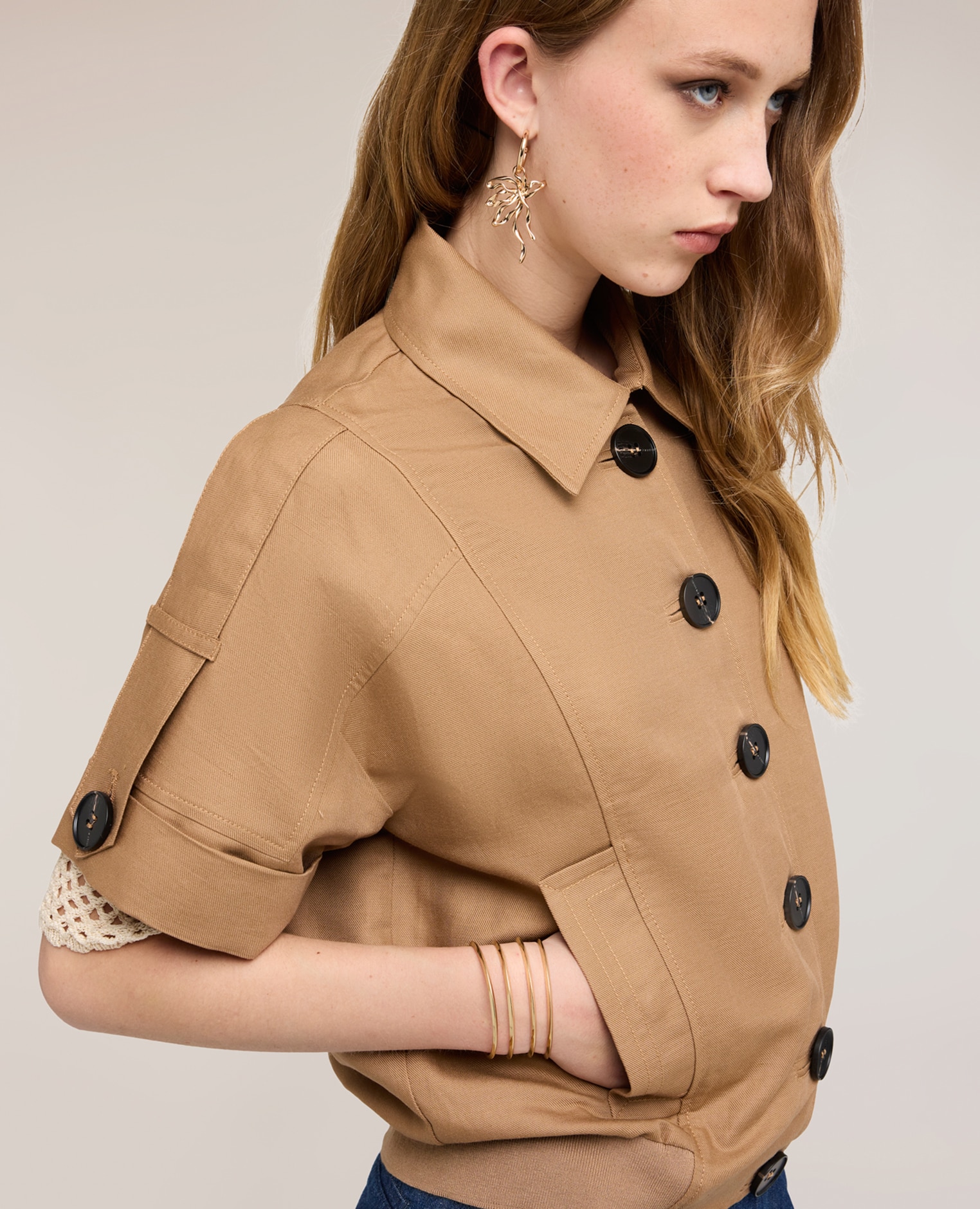 Chaqueta de mujer de manga corta mezcla de lino modelo con ajuste oversize cierre frontal con botones - Motivi - Marrón Marrón-4